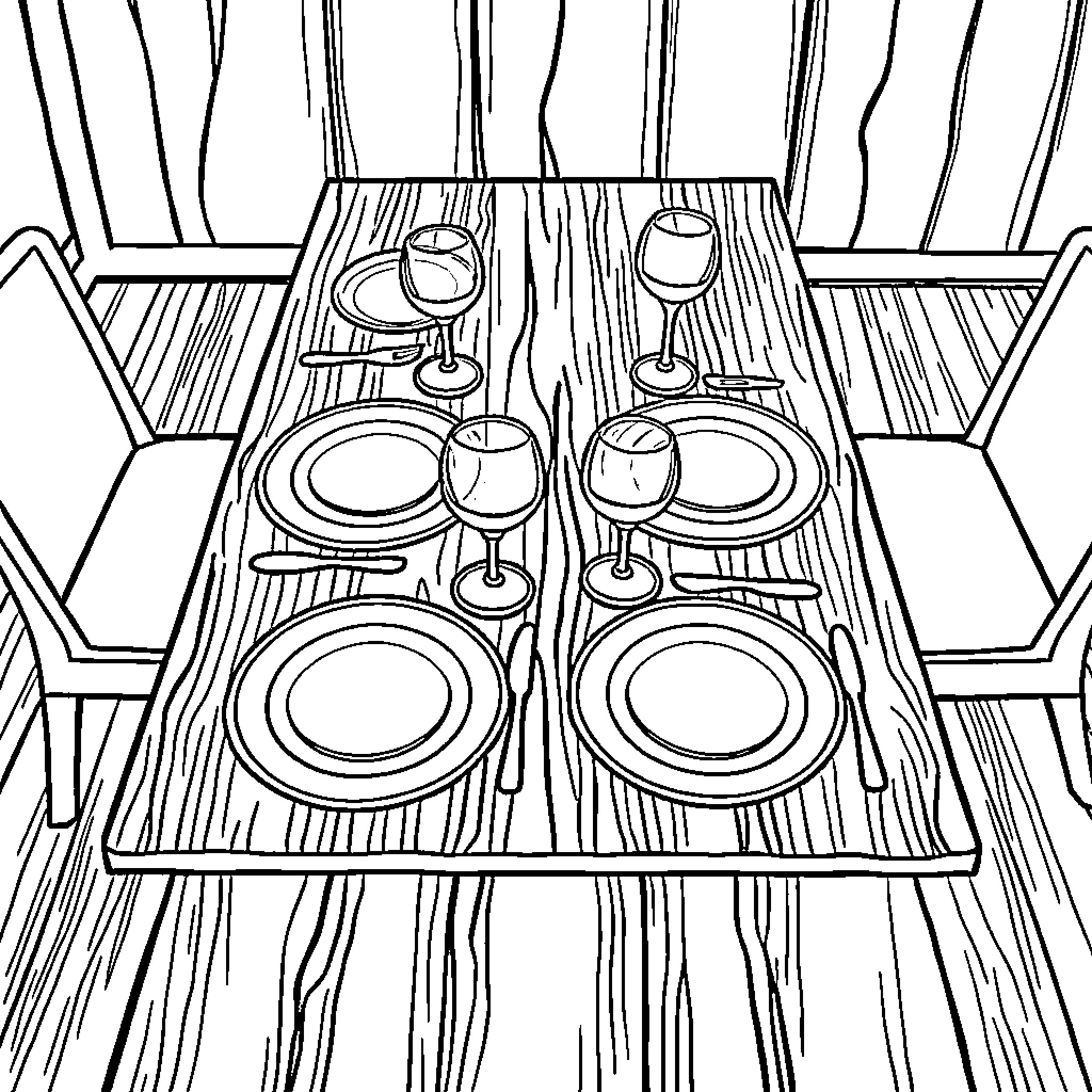 Table set for a dinner party Coloring Page (free black-and-white line drawing printable PDF for all, from beginners to advanced learners, including children, teens, adults, and seniors)