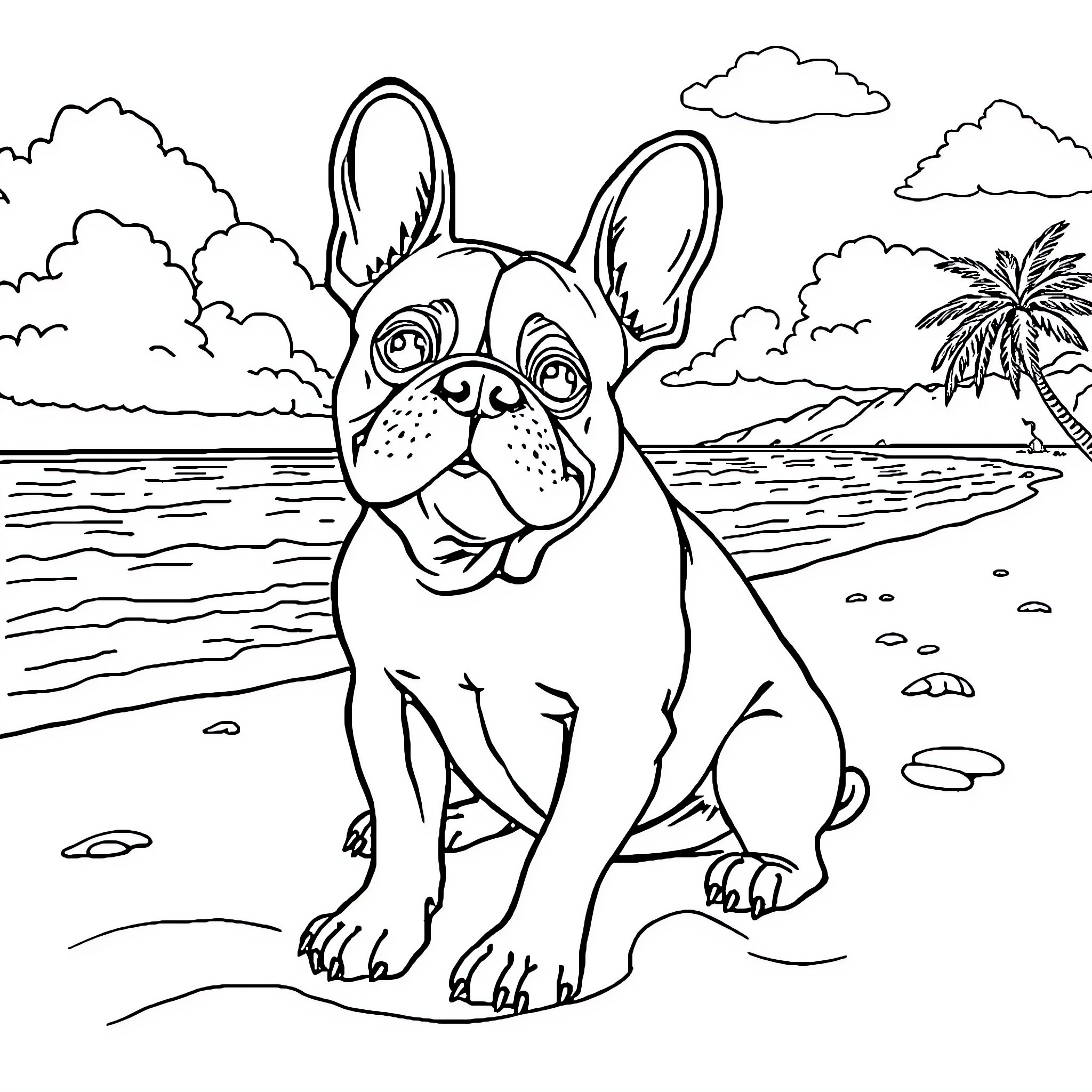 French Bulldog relaxing on the beach Coloring Page (free black-and-white line drawing printable PDF for all, from beginners to advanced learners, including children, teens, adults, and seniors)