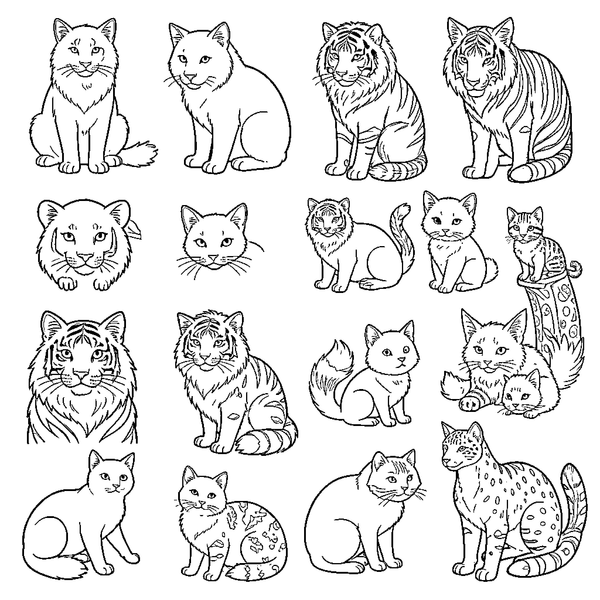 Animal sketches of various felines Coloring Page (free black-and-white line drawing printable PDF for all, from beginners to advanced learners, including children, teens, adults, and seniors)