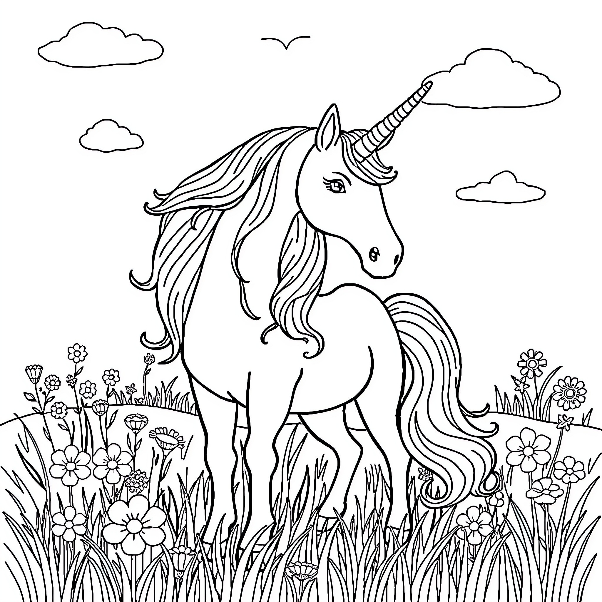 Unicorn Standing Amidst Flowers and Clouds Coloring Page (free black-and-white line drawing printable PDF for all, from beginners to advanced learners, including children, teens, adults, and seniors)