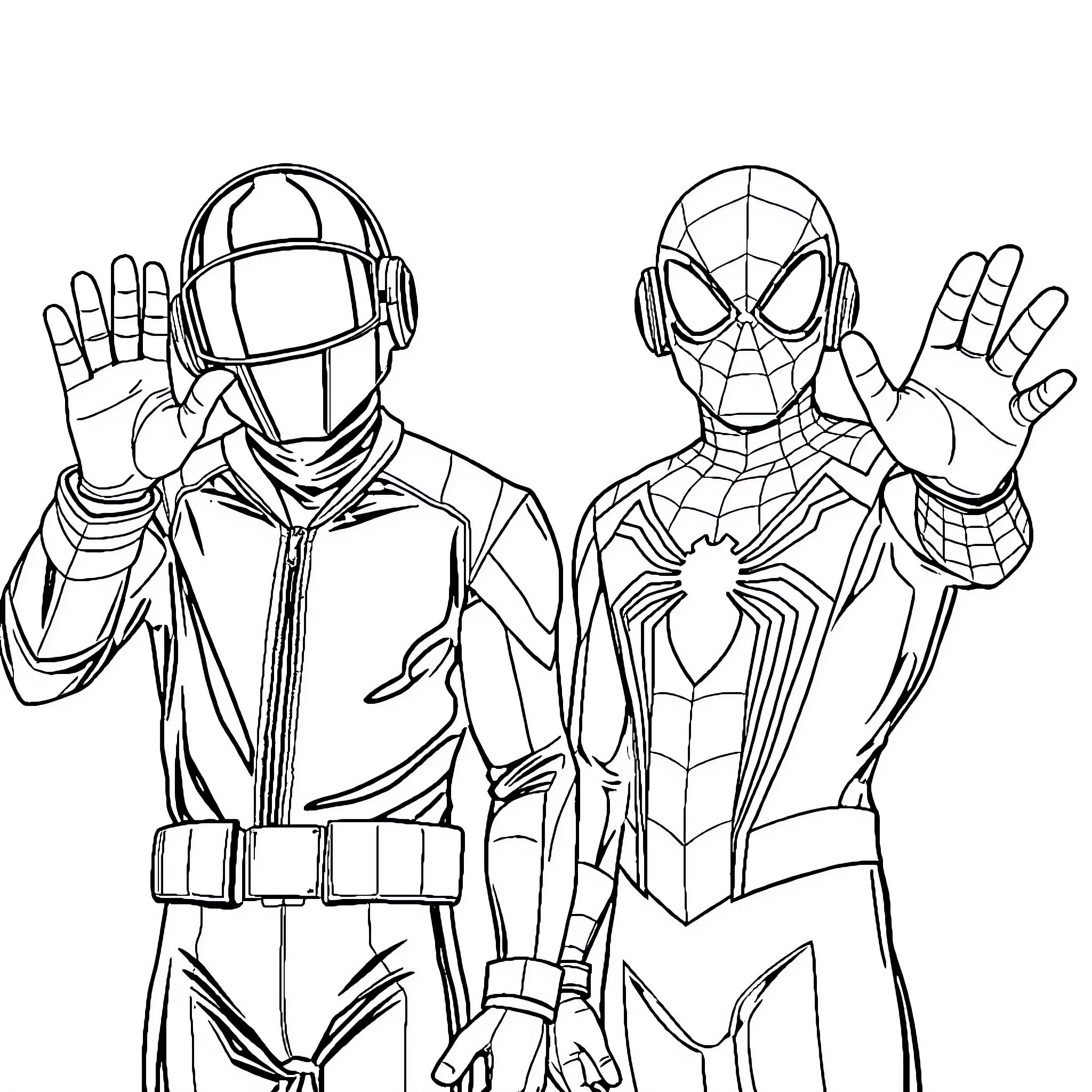 Spider-Man and superhero team in action poses Coloring Page (free black-and-white line drawing printable PDF for all, from beginners to advanced learners, including children, teens, adults, and seniors)