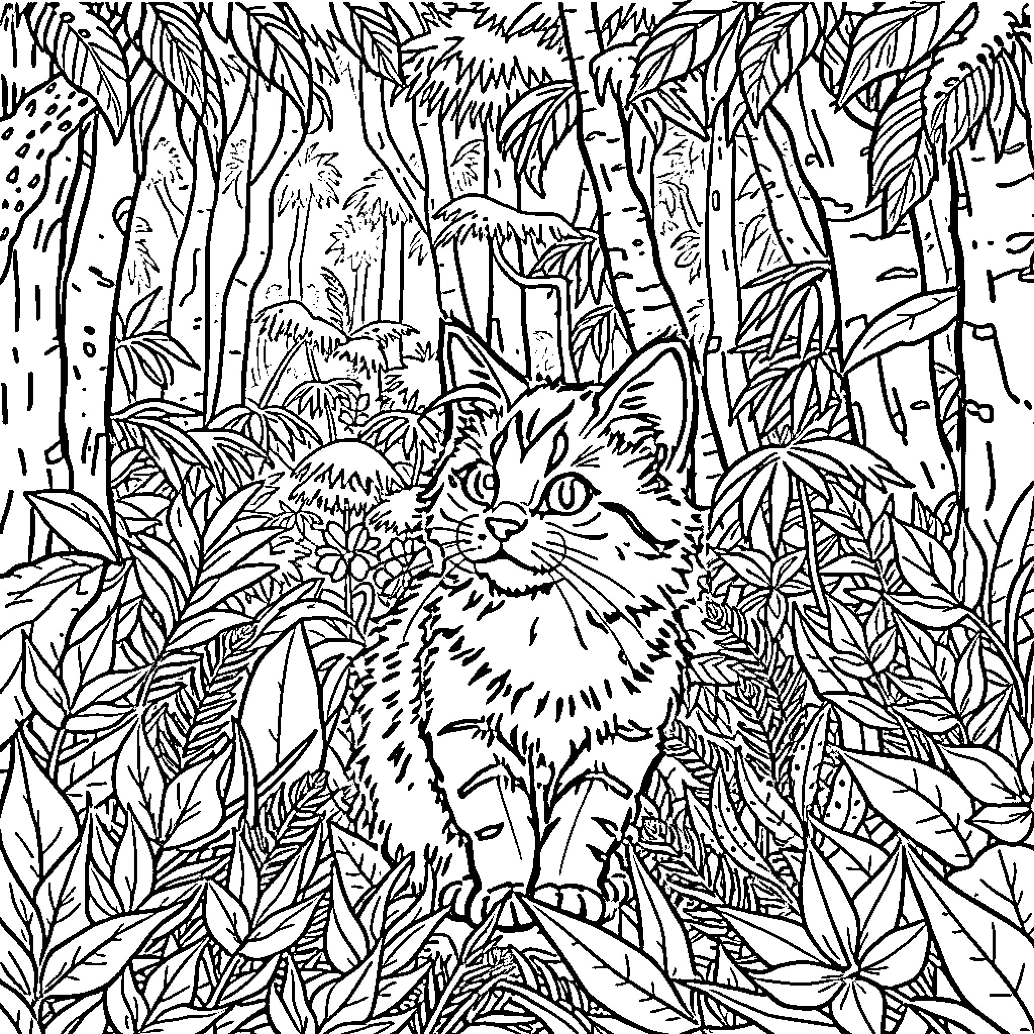 Tabby Cat Hidden in Lush Foliage Coloring Page (free black-and-white line drawing printable PDF for all, from beginners to advanced learners, including children, teens, adults, and seniors)