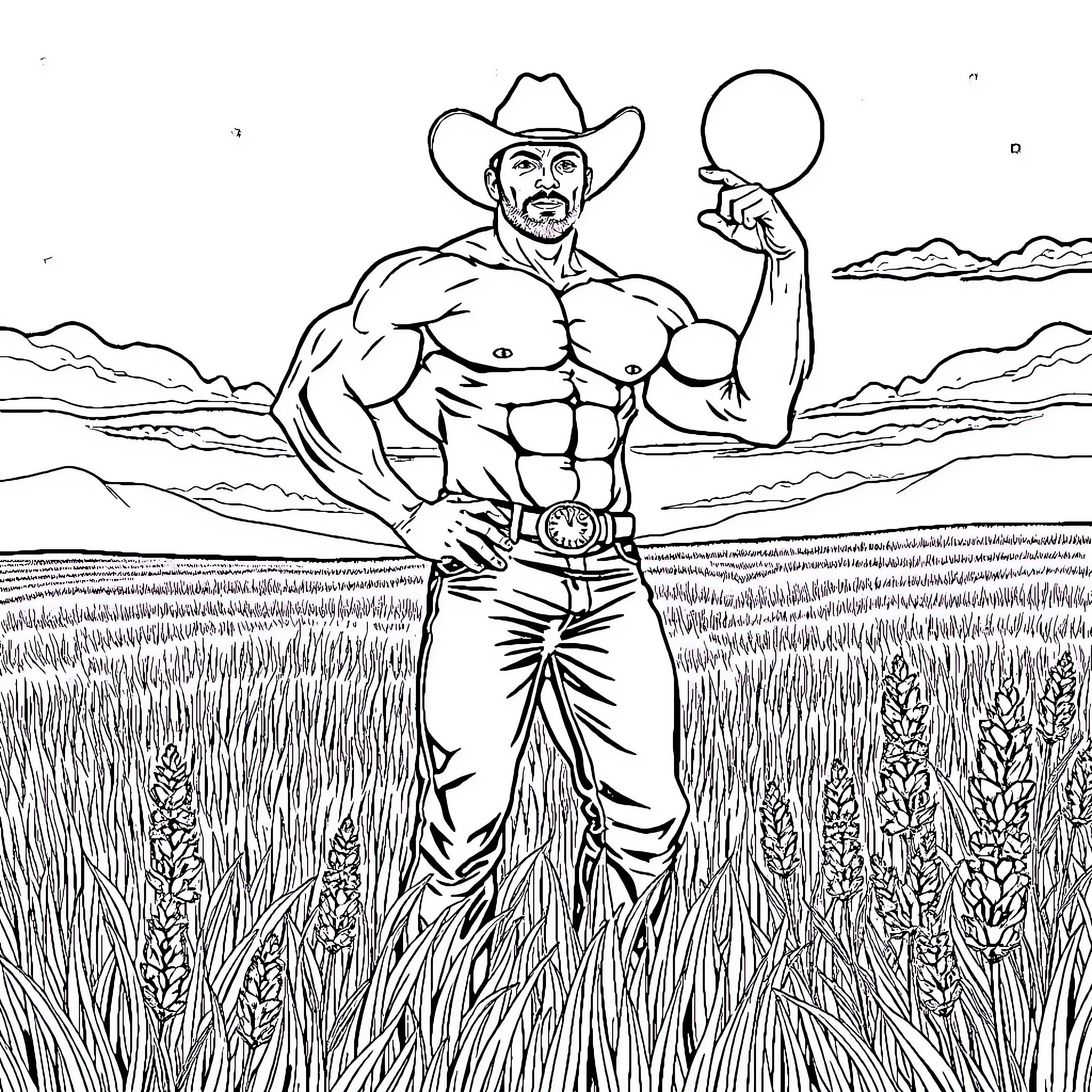Bodybuilder Flexing Muscles in Cowboy Outfit in Field Coloring Page (free black-and-white line drawing printable PDF for all, from beginners to advanced learners, including children, teens, adults, and seniors)