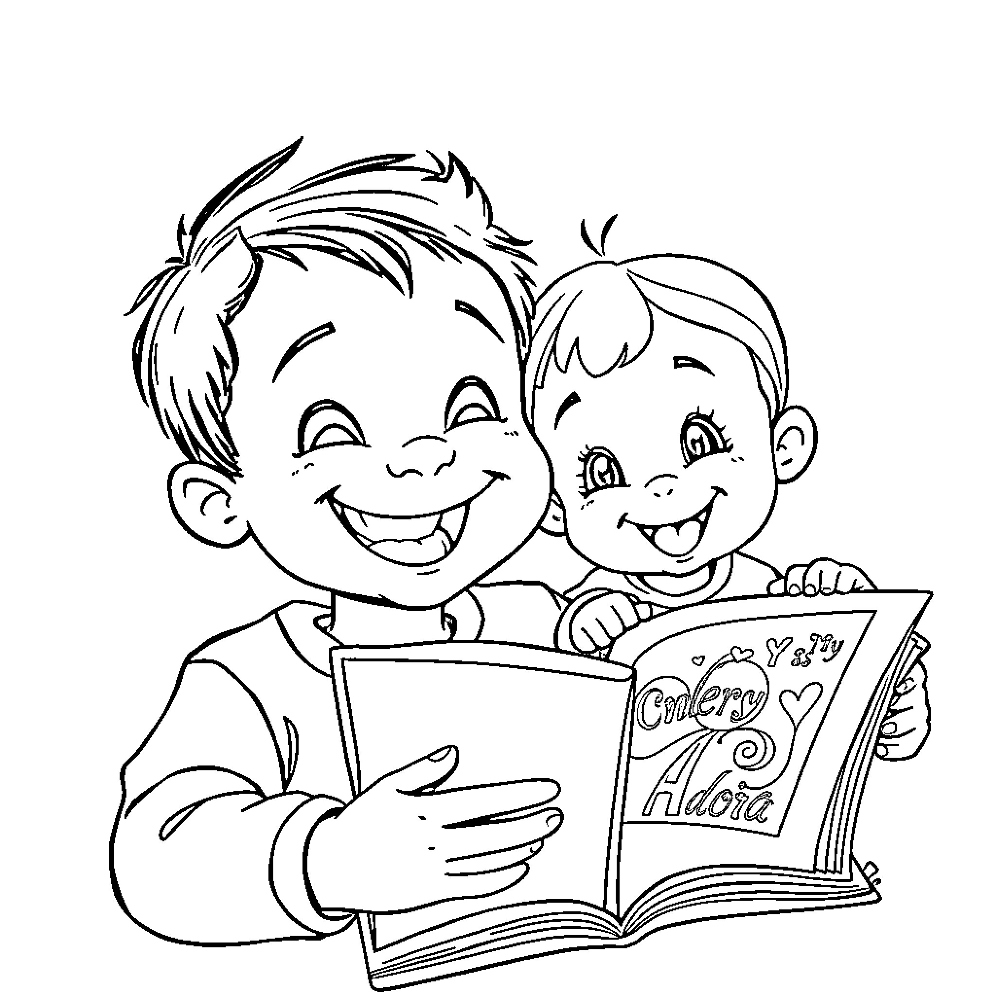 Boy reading a bedtime story to his brother Coloring Page (free black-and-white line drawing printable PDF for all, from beginners to advanced learners, including children, teens, adults, and seniors)