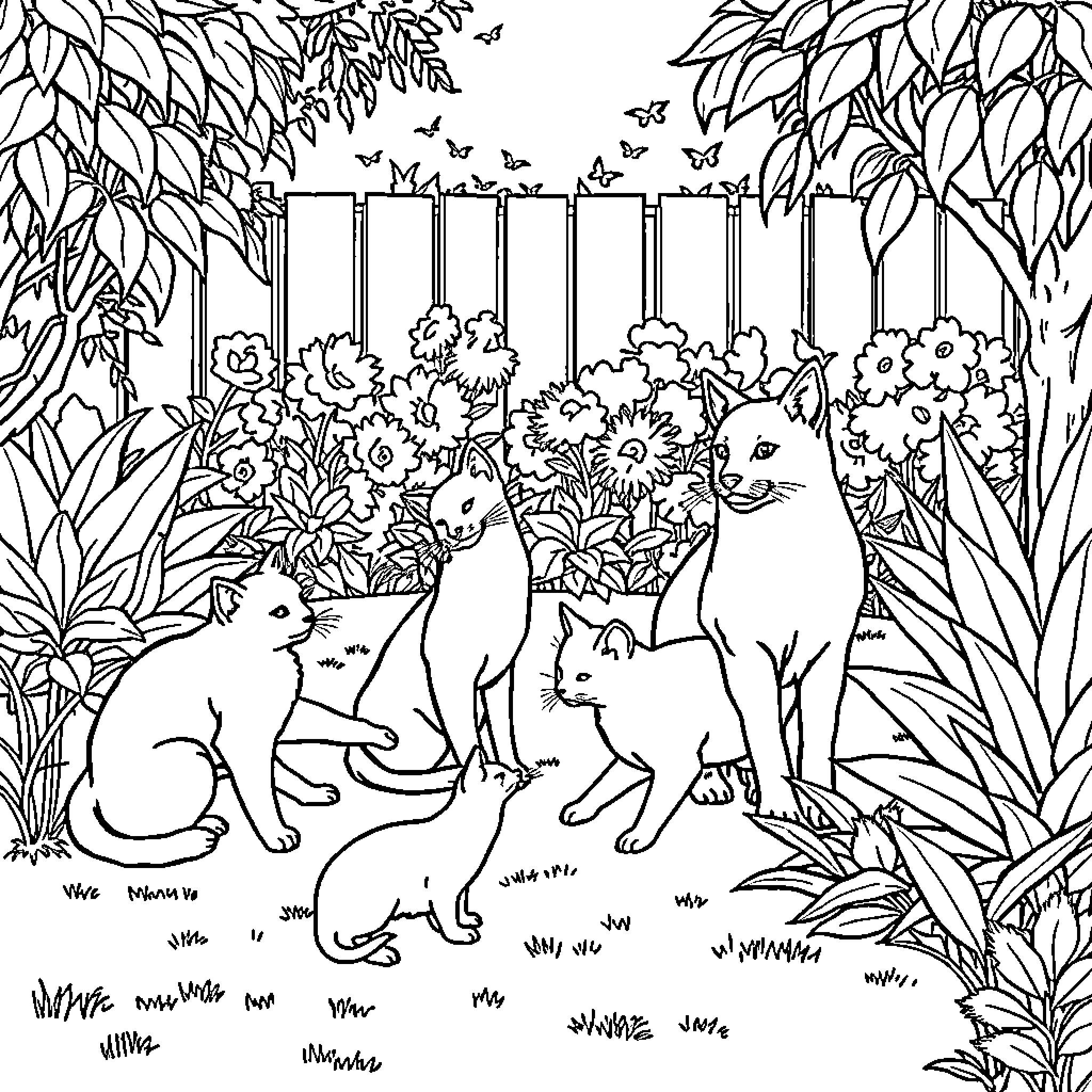 Cat and Dog Playing in a Lush Garden Coloring Page (free black-and-white line drawing printable PDF for all, from beginners to advanced learners, including children, teens, adults, and seniors)