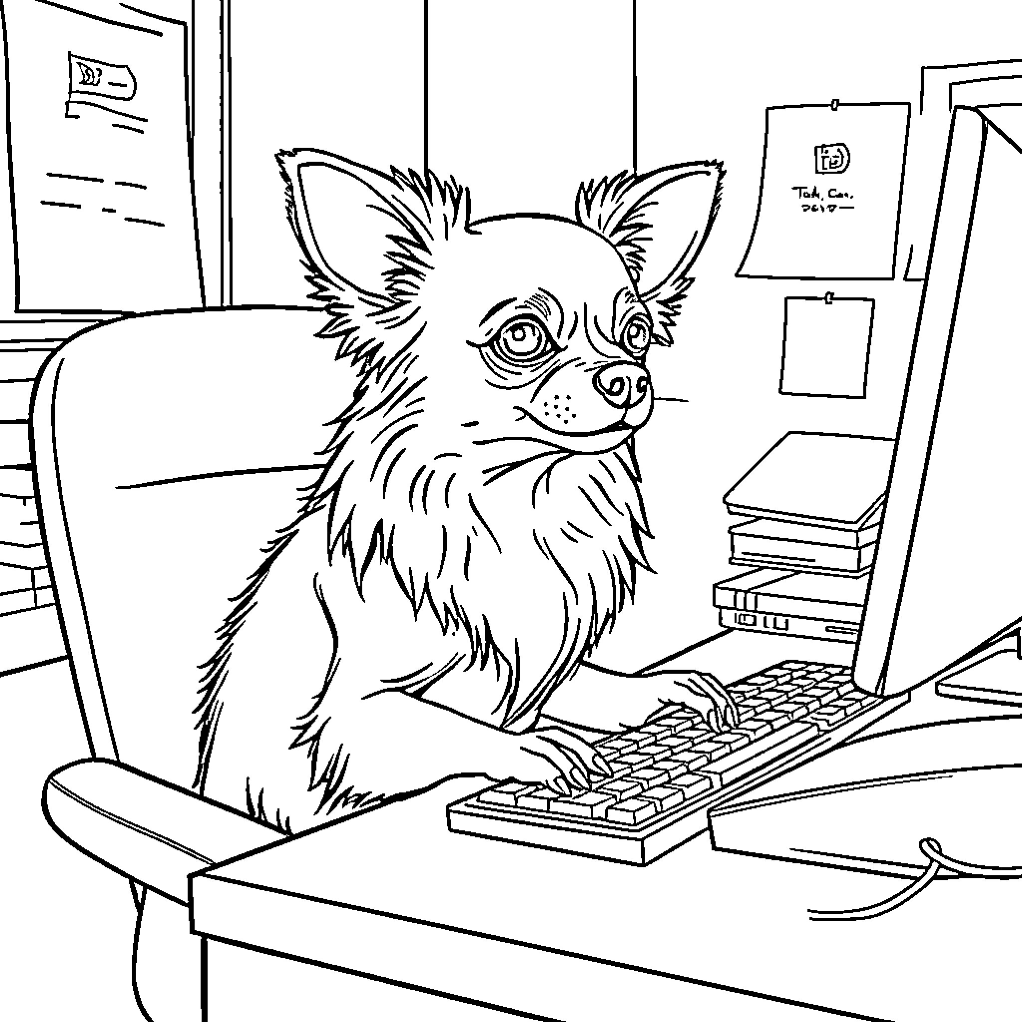 Chihuahua working diligently at a computer Coloring Page (free black-and-white line drawing printable PDF for all, from beginners to advanced learners, including children, teens, adults, and seniors)