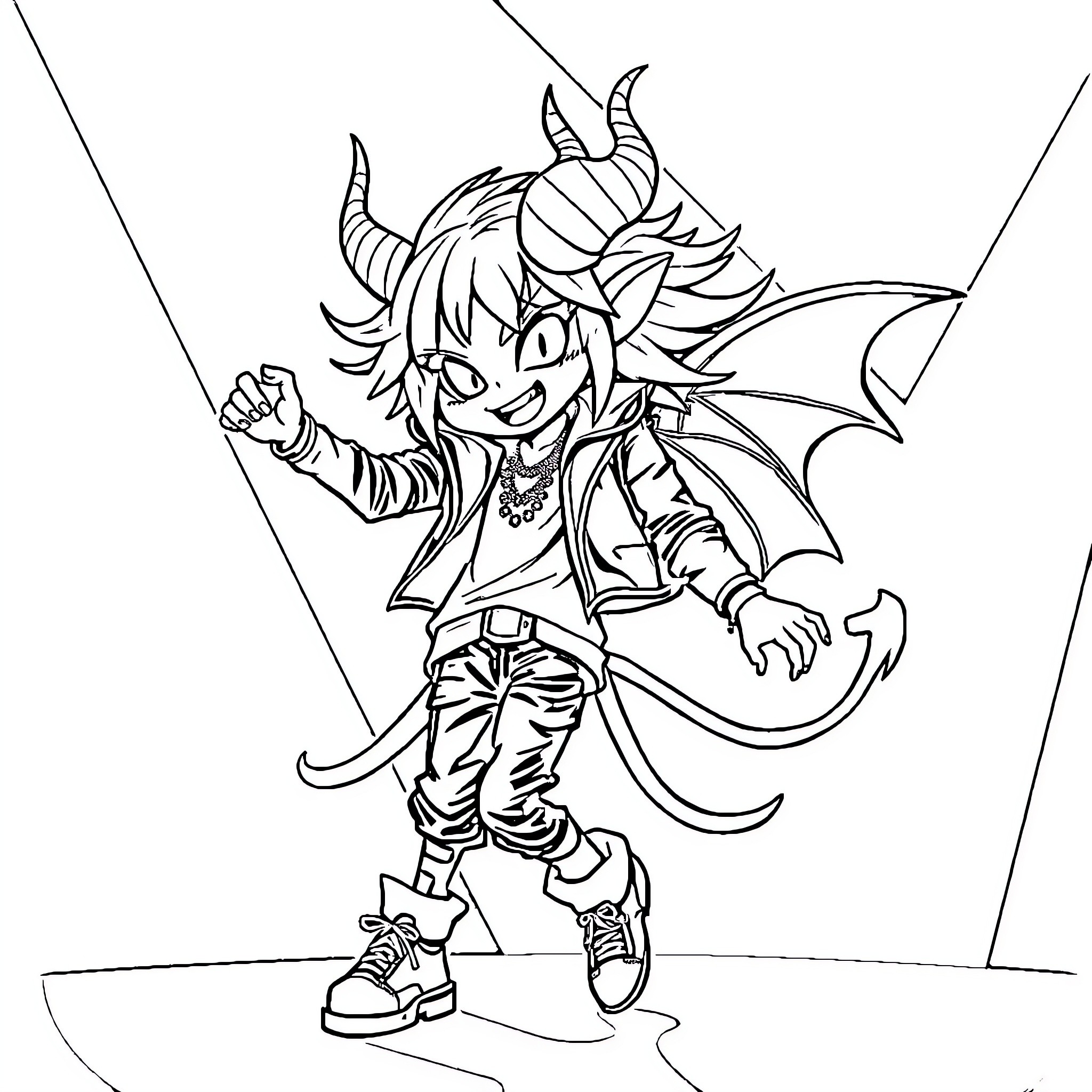 Kpop Demon's Energetic Performance Coloring Page (free black-and-white line drawing printable PDF for all, from beginners to advanced learners, including children, teens, adults, and seniors)