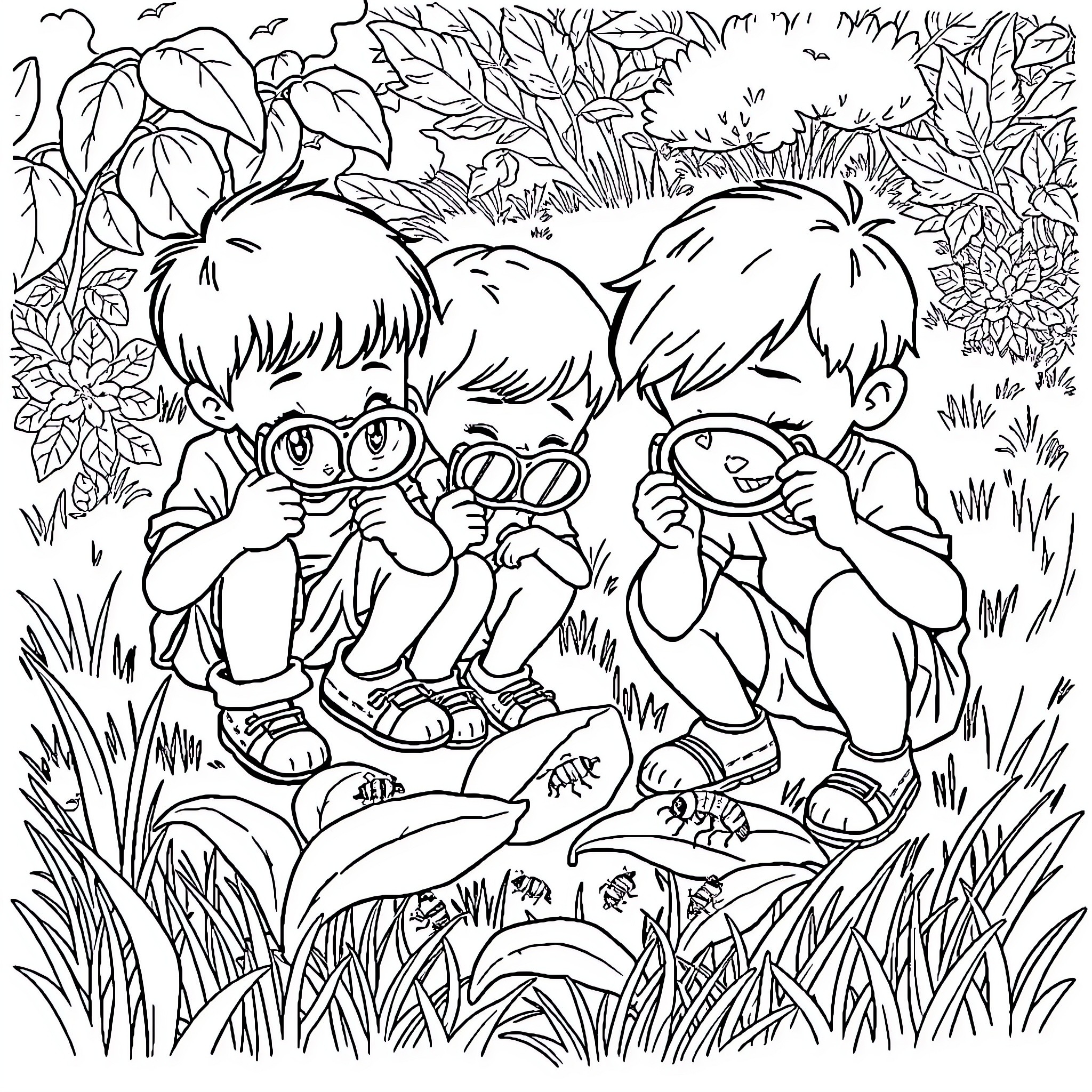 Kid exploring nature's wonders in the garden Coloring Page (free black-and-white line drawing printable PDF for all, from beginners to advanced learners, including children, teens, adults, and seniors)