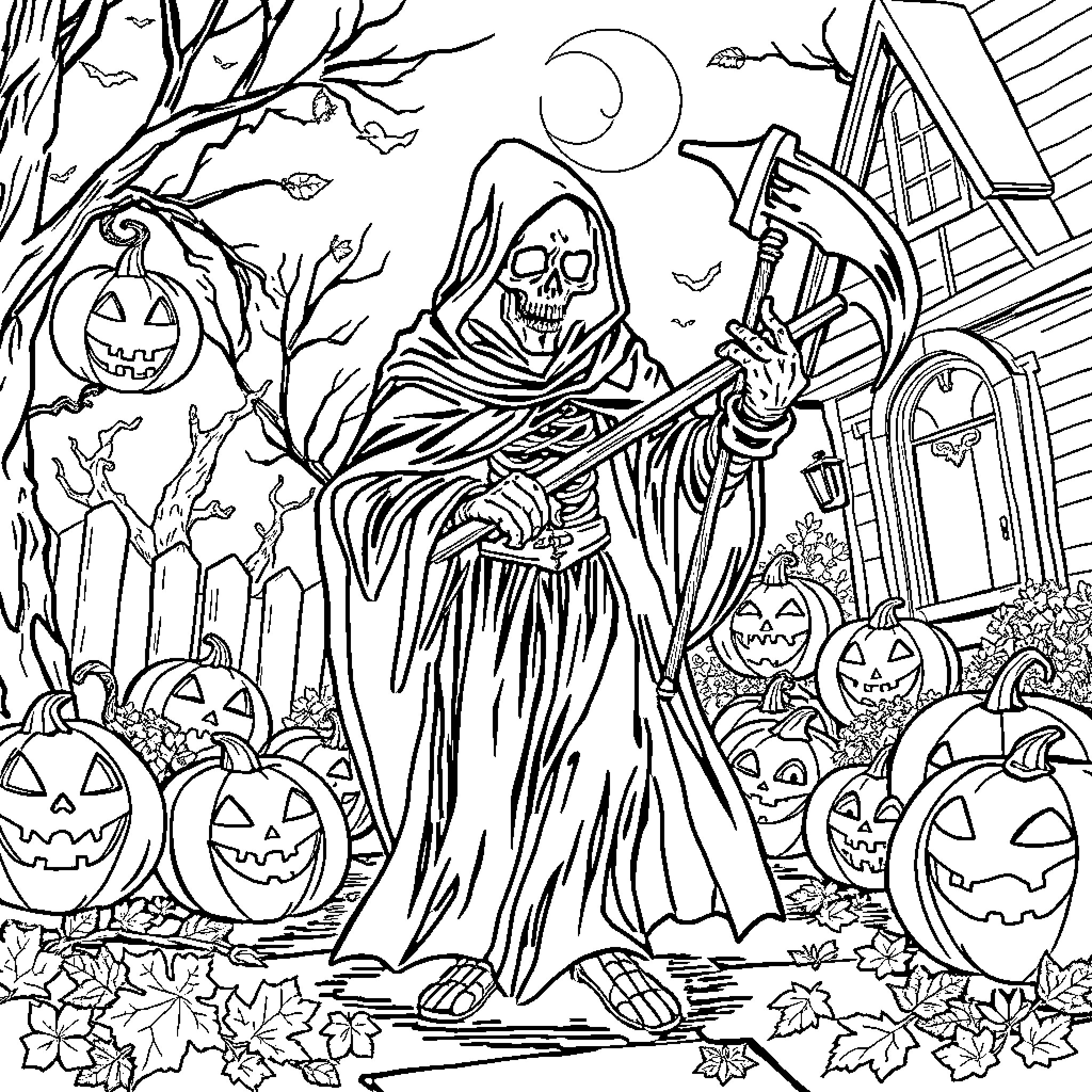 Grim Reaper's Haunting Presence on Halloween Night Coloring Page (free black-and-white line drawing printable PDF for all, from beginners to advanced learners, including children, teens, adults, and seniors)