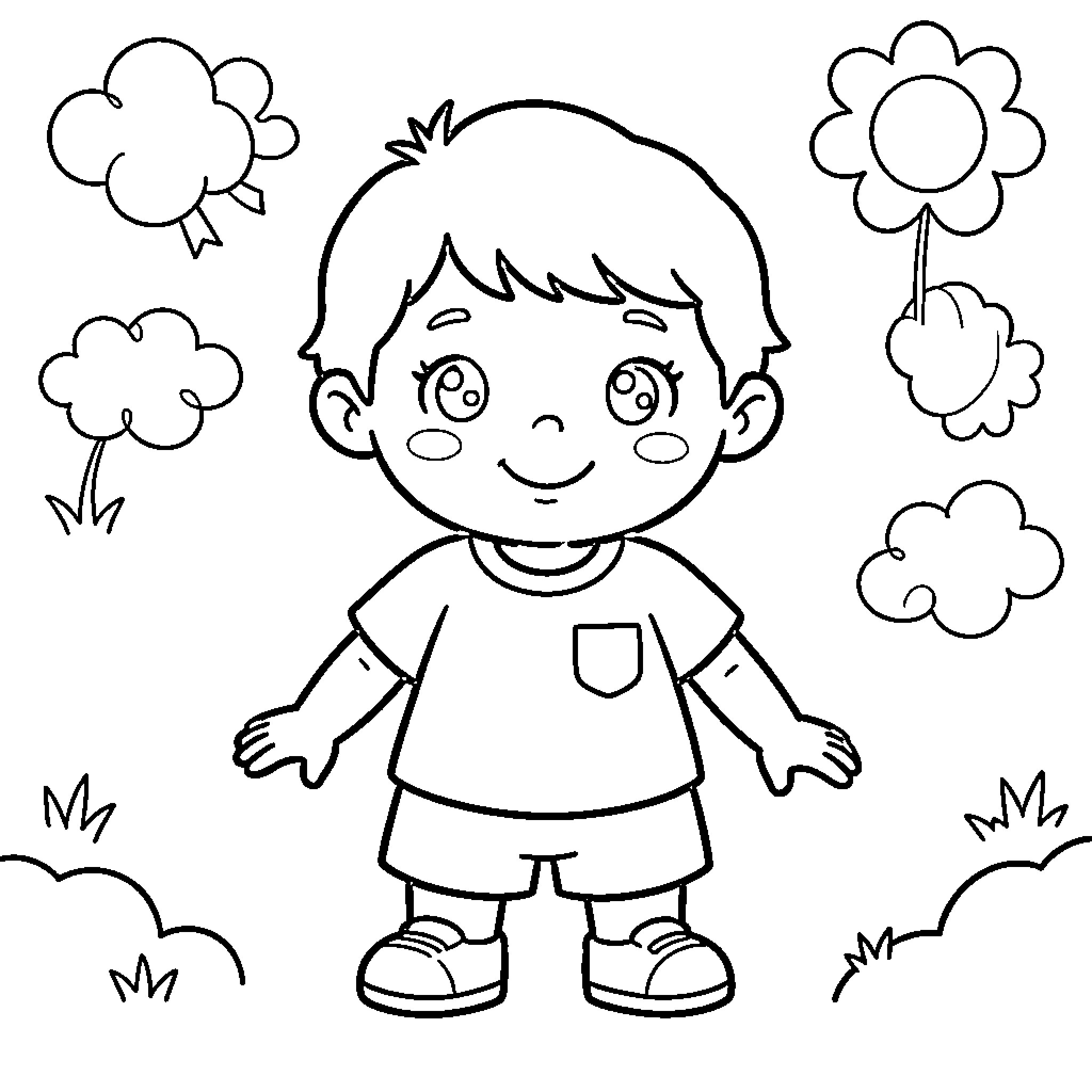 Drawing of a happy boy standing in a garden Coloring Page (free black-and-white line drawing printable PDF for all, from beginners to advanced learners, including children, teens, adults, and seniors)
