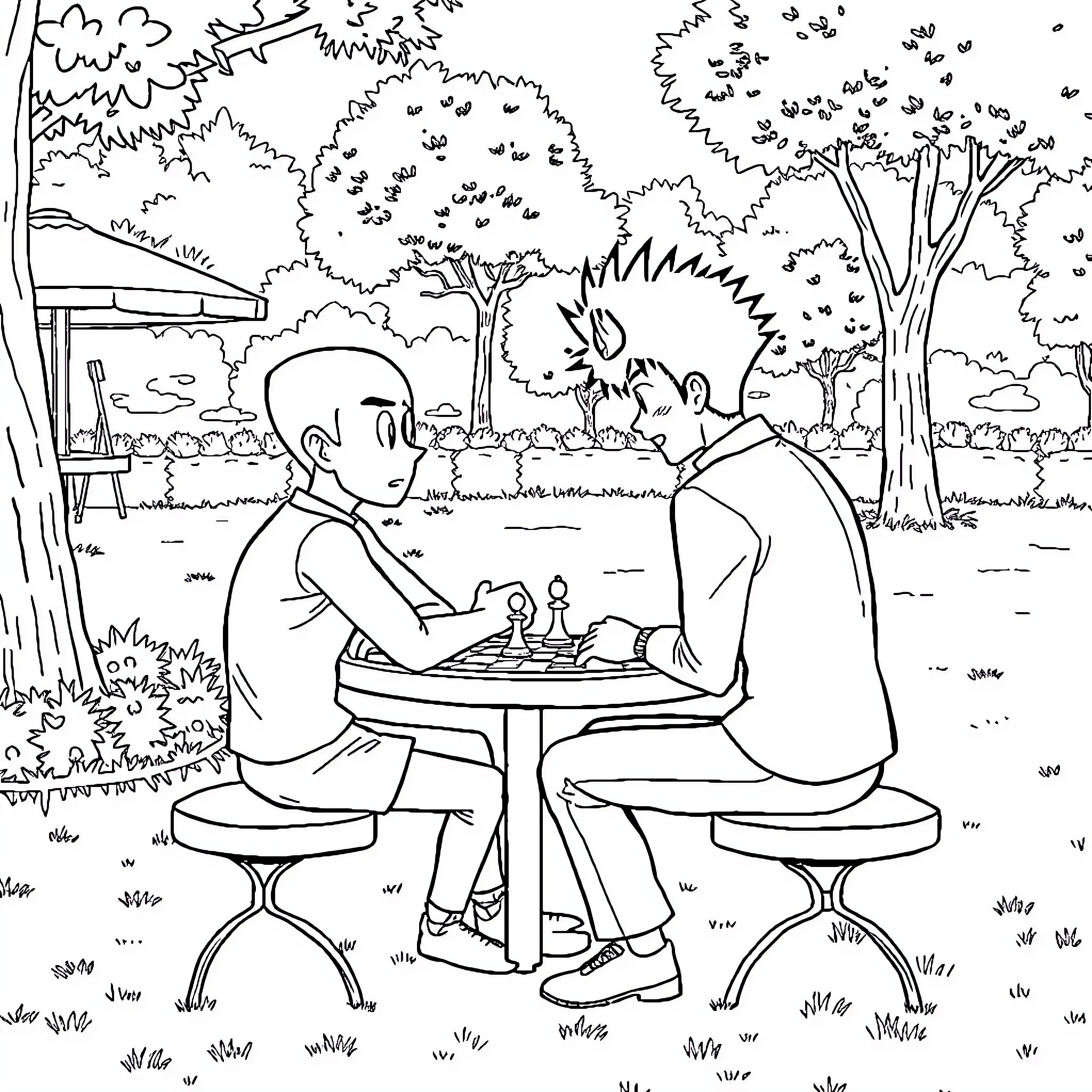 Saitama playing chess in the park Coloring Page (free black-and-white line drawing printable PDF for all, from beginners to advanced learners, including children, teens, adults, and seniors)