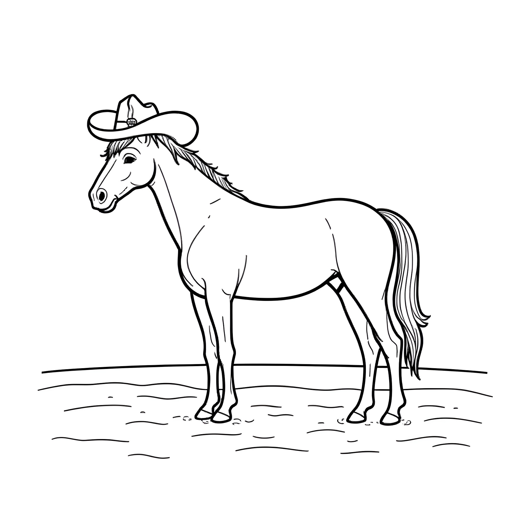 Horse wearing a cowboy hat in the field Coloring Page (free black-and-white line drawing printable PDF for all, from beginners to advanced learners, including children, teens, adults, and seniors)