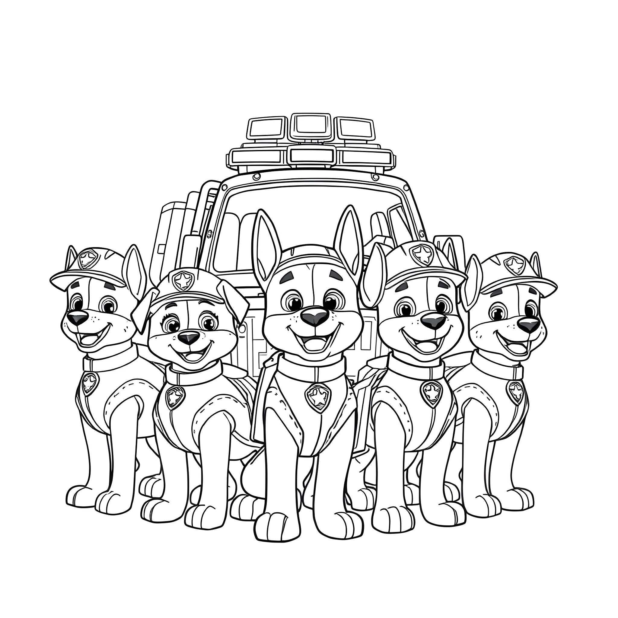 Paw Patrol Puppies Ready for Adventure Coloring Page (free black-and-white line drawing printable PDF for all, from beginners to advanced learners, including children, teens, adults, and seniors)