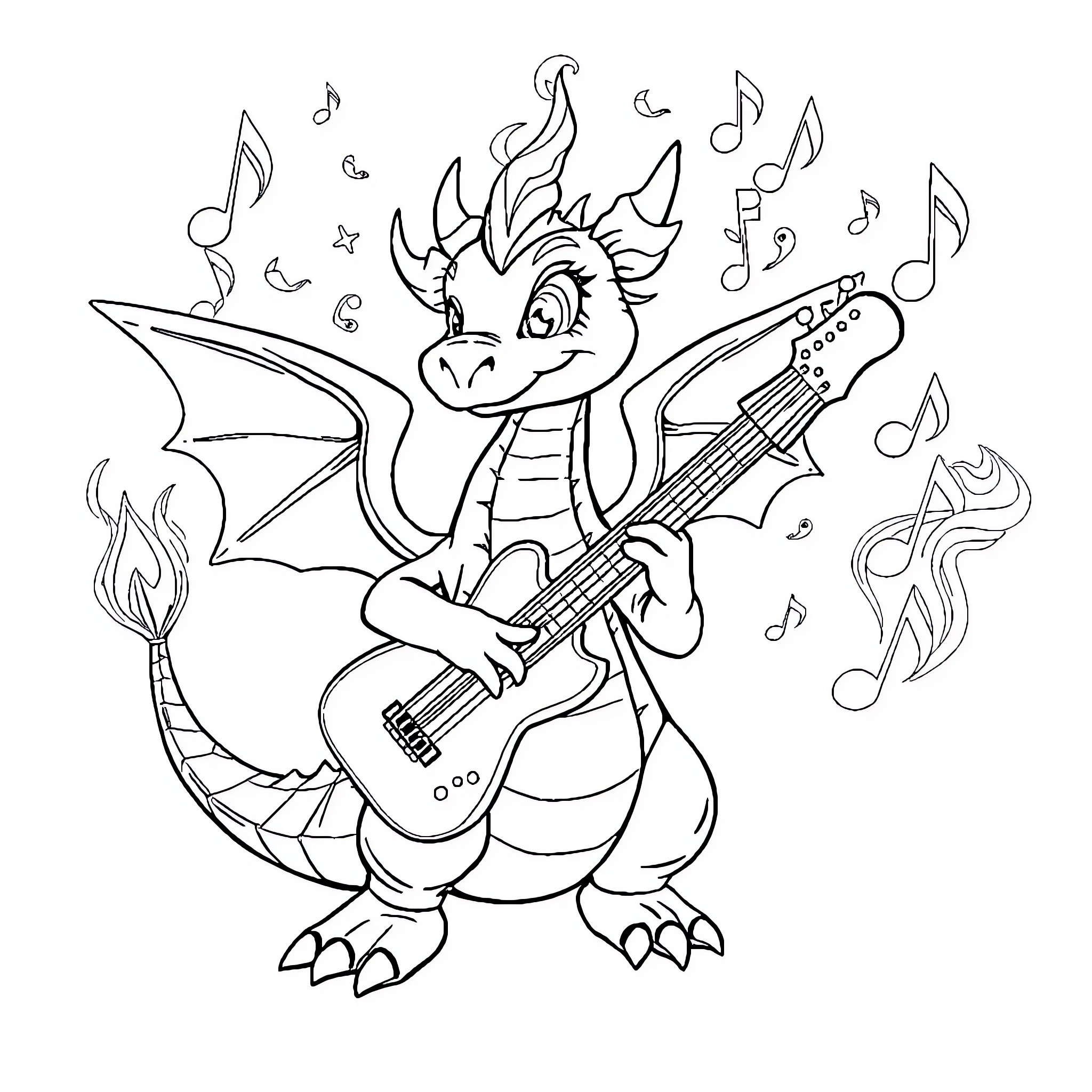 Dragon Rocking Out with Guitar and Music Notes Coloring Page (free black-and-white line drawing printable PDF for all, from beginners to advanced learners, including children, teens, adults, and seniors)