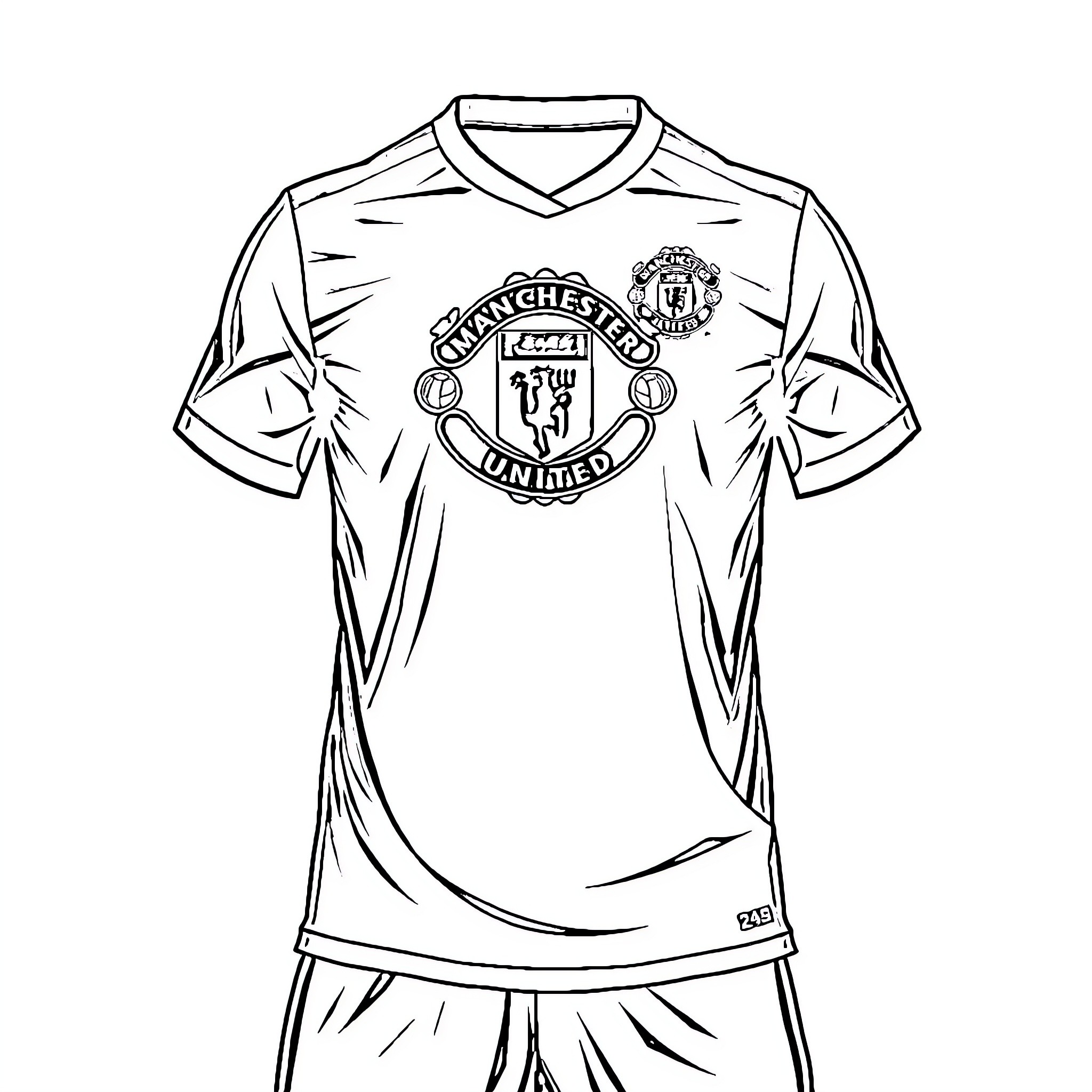 Manchester United Soccer Team Jersey with Emblem Coloring Page (free black-and-white line drawing printable PDF for all, from beginners to advanced learners, including children, teens, adults, and seniors)