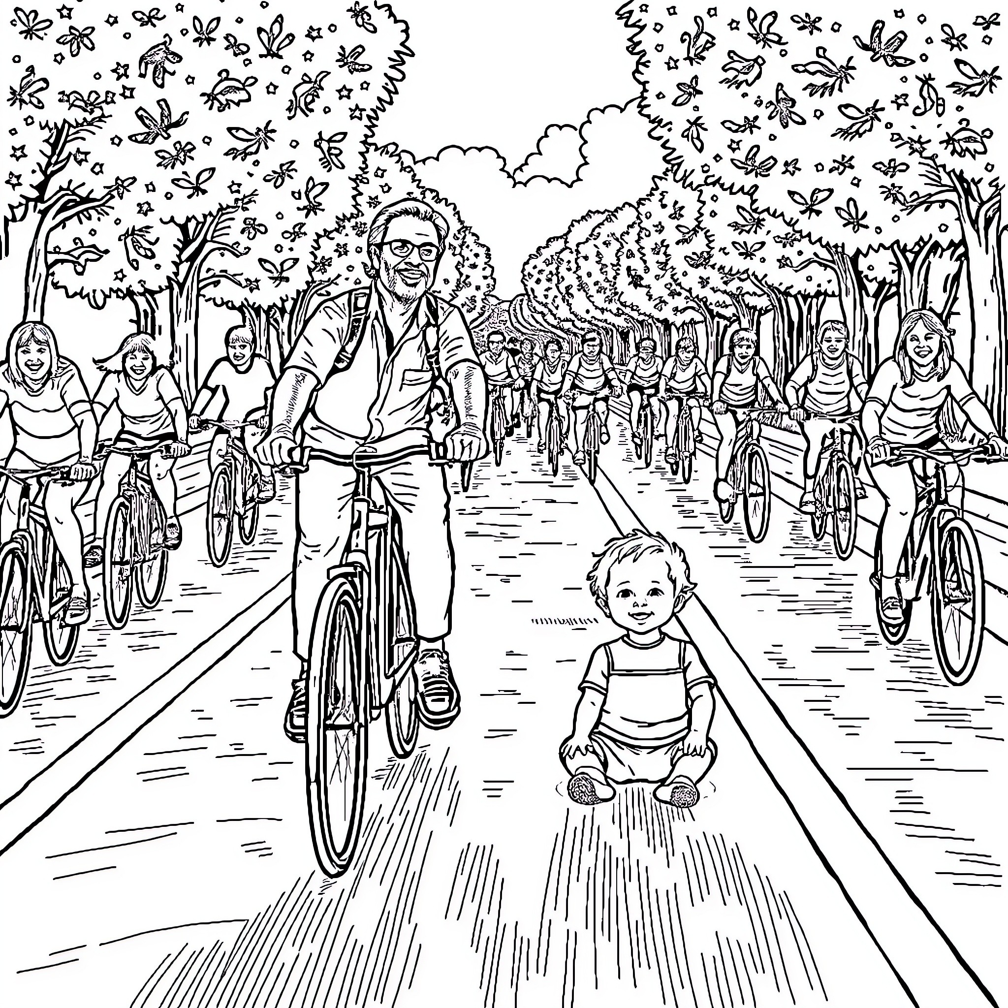 Man enjoys cycling with family and friends in nature Coloring Page (free black-and-white line drawing printable PDF for all, from beginners to advanced learners, including children, teens, adults, and seniors)