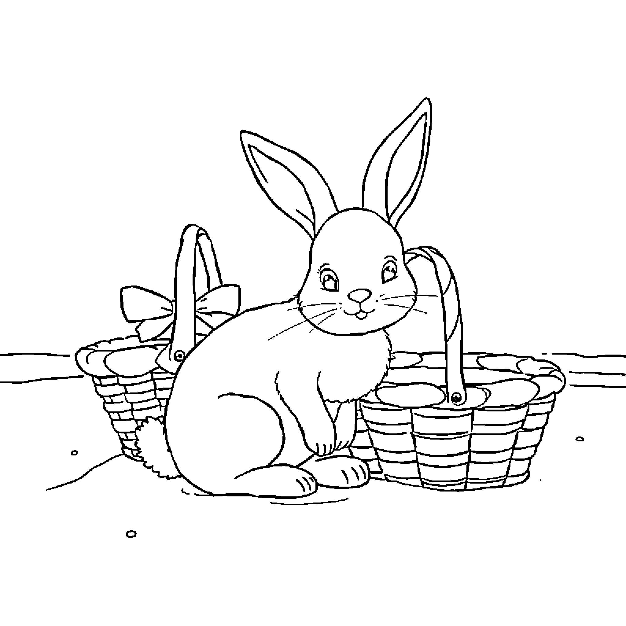 Bunny sitting in a basket surrounded by flowers Coloring Page (free black-and-white line drawing printable PDF for all, from beginners to advanced learners, including children, teens, adults, and seniors)