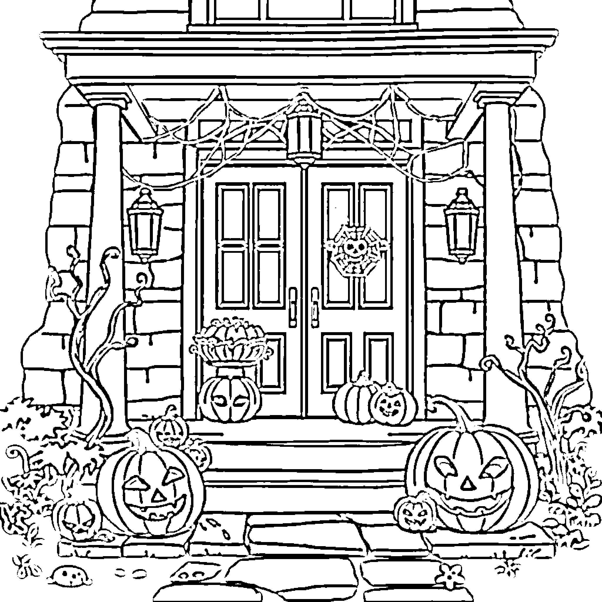 Halloween haunted house with spooky decorations Coloring Page (free black-and-white line drawing printable PDF for all, from beginners to advanced learners, including children, teens, adults, and seniors)