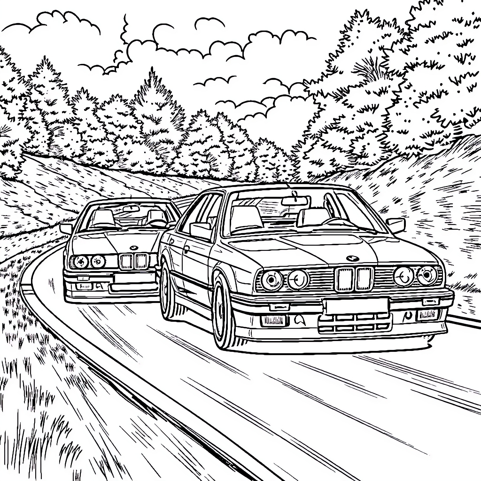 Car Racing on Country Road Through Forest Coloring Page (free black-and-white line drawing printable PDF for all, from beginners to advanced learners, including children, teens, adults, and seniors)