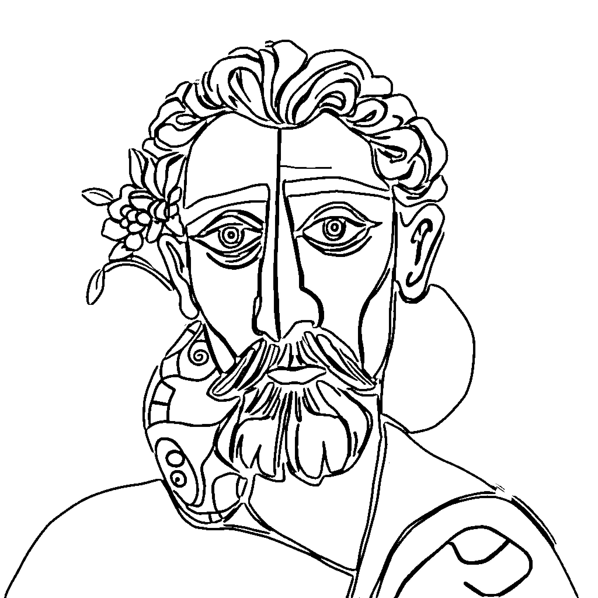 Picasso-inspired portrait of a man with floral elements Coloring Page (free black-and-white line drawing printable PDF for all, from beginners to advanced learners, including children, teens, adults, and seniors)
