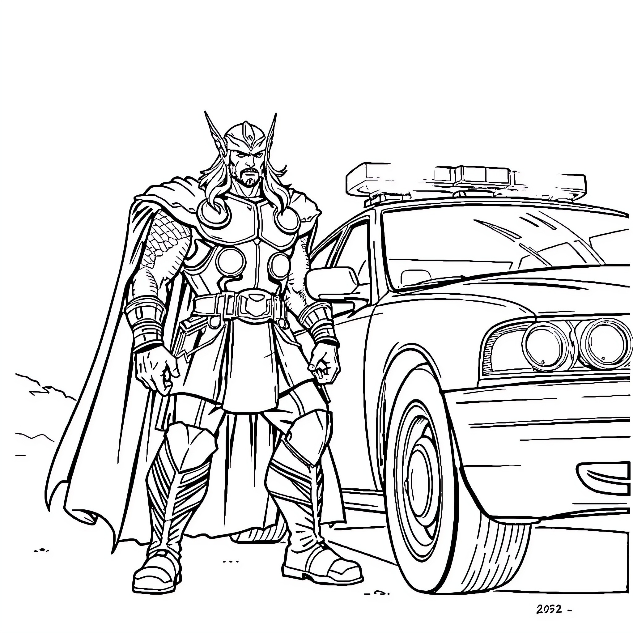 Thor Stands Heroically with Police Vehicle Coloring Page (free black-and-white line drawing printable PDF for all, from beginners to advanced learners, including children, teens, adults, and seniors)