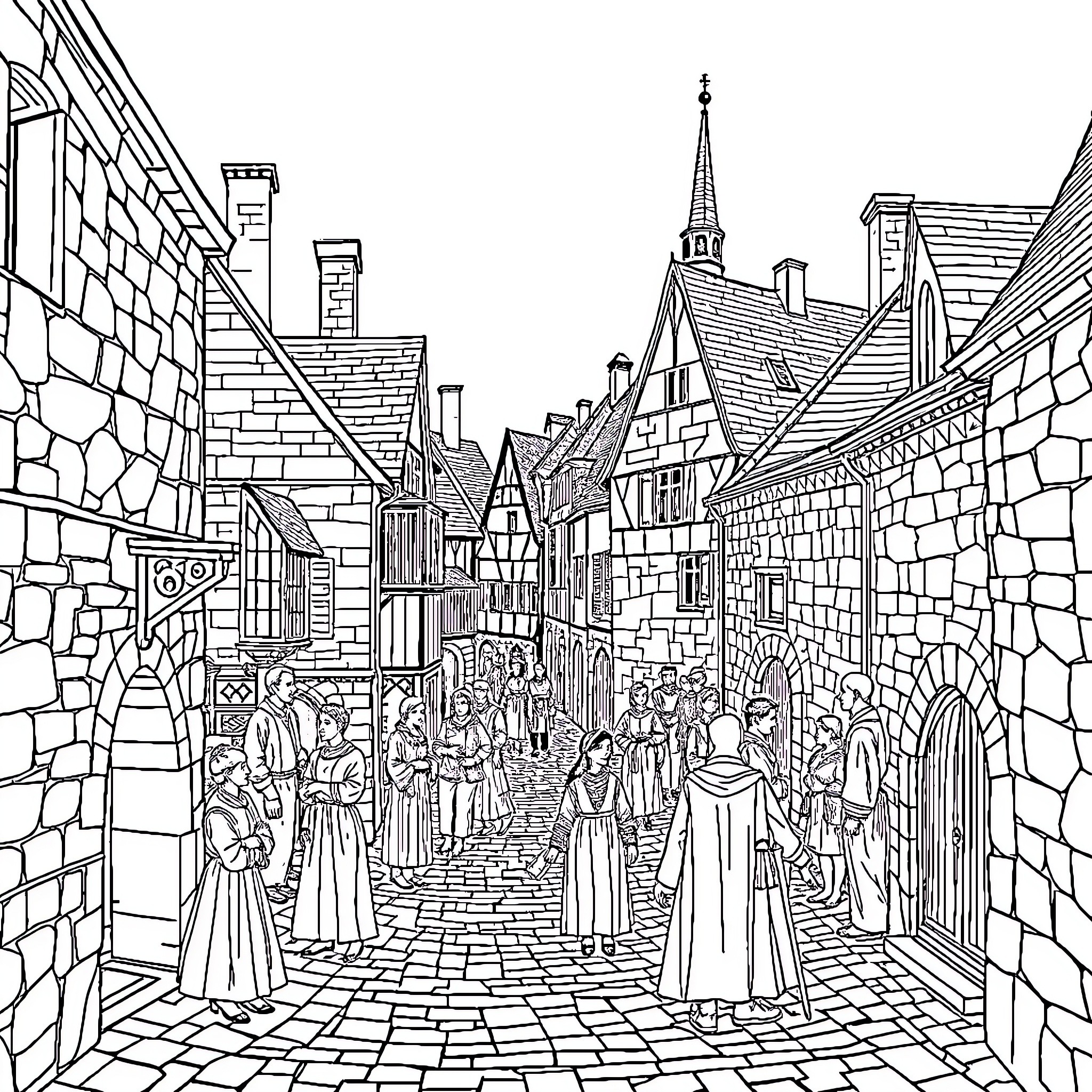 Saint-Flour: Bustling medieval town with diverse attire and architecture Coloring Page (free black-and-white line drawing printable PDF for all, from beginners to advanced learners, including children, teens, adults, and seniors)