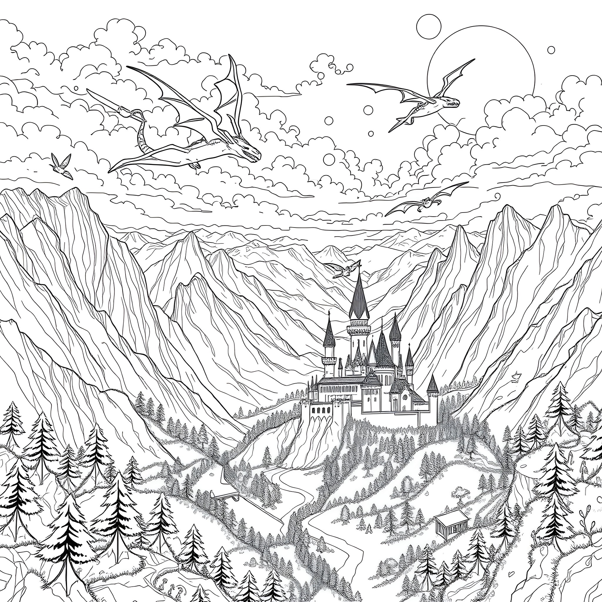 Dragon soaring above the magical castle in the mountains Coloring Page (free black-and-white line drawing printable PDF for all, from beginners to advanced learners, including children, teens, adults, and seniors)
