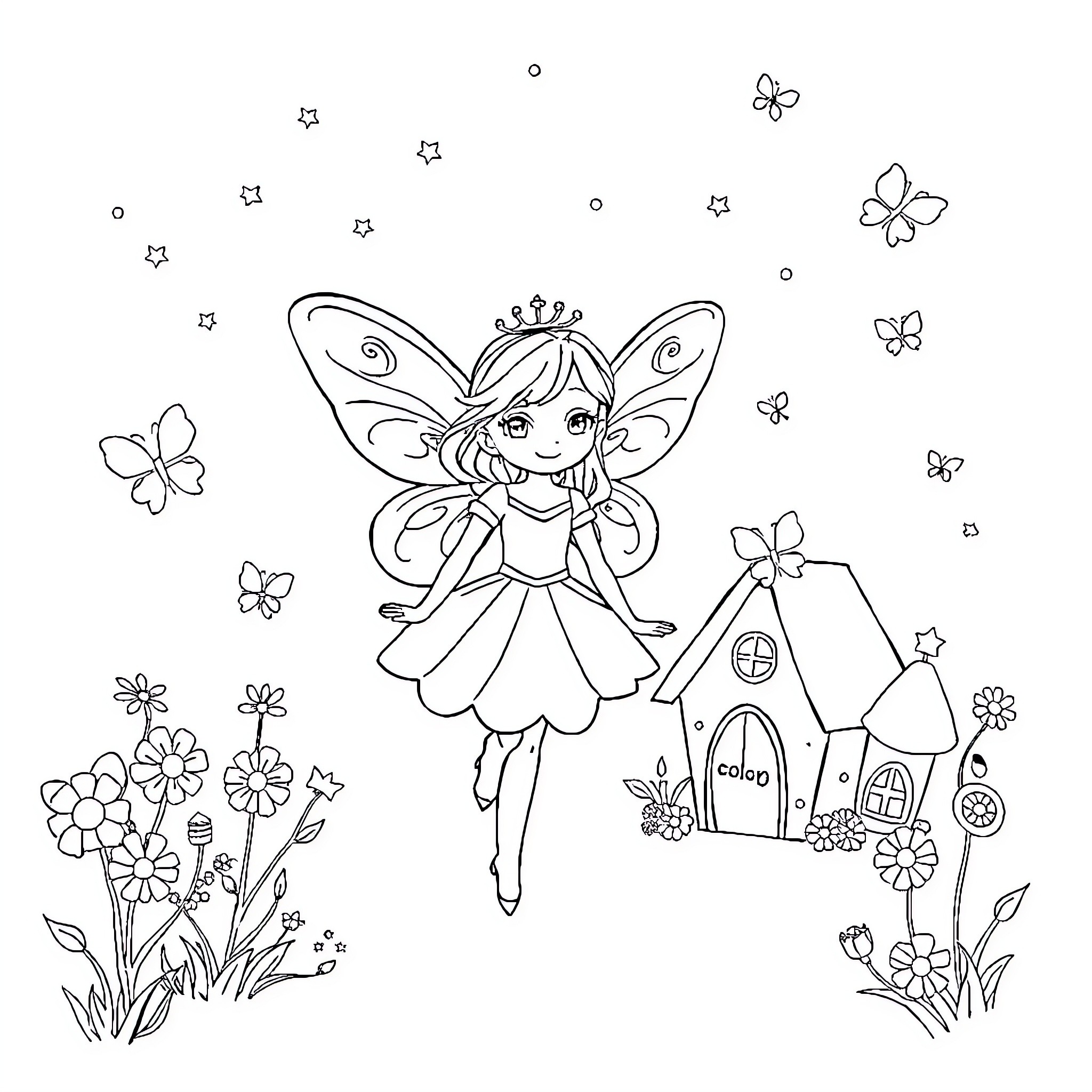 Fairy dancing joyfully amidst flowers and cottages Coloring Page (free black-and-white line drawing printable PDF for all, from beginners to advanced learners, including children, teens, adults, and seniors)