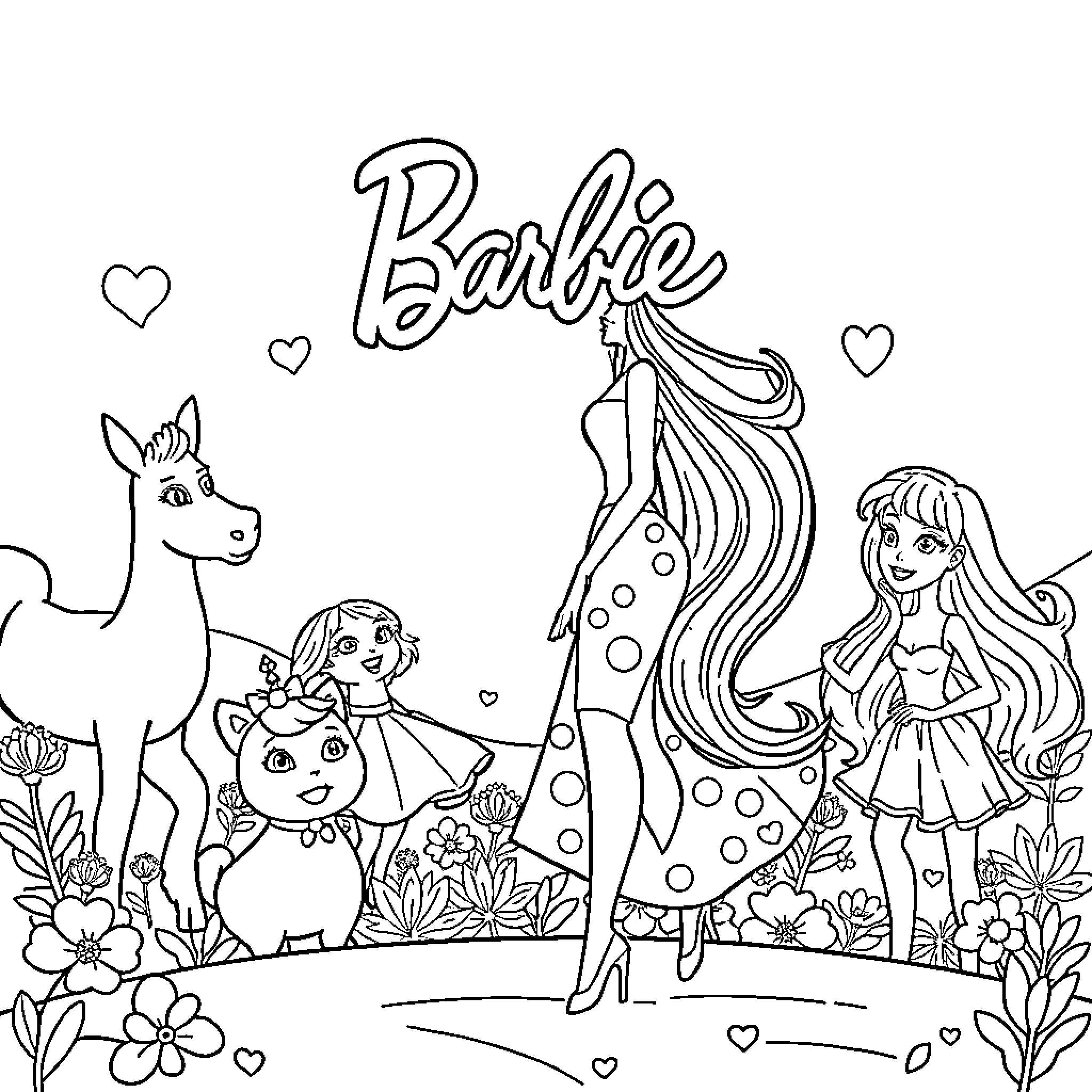 Barbie and friends explore the enchanted garden Coloring Page (free black-and-white line drawing printable PDF for all, from beginners to advanced learners, including children, teens, adults, and seniors)