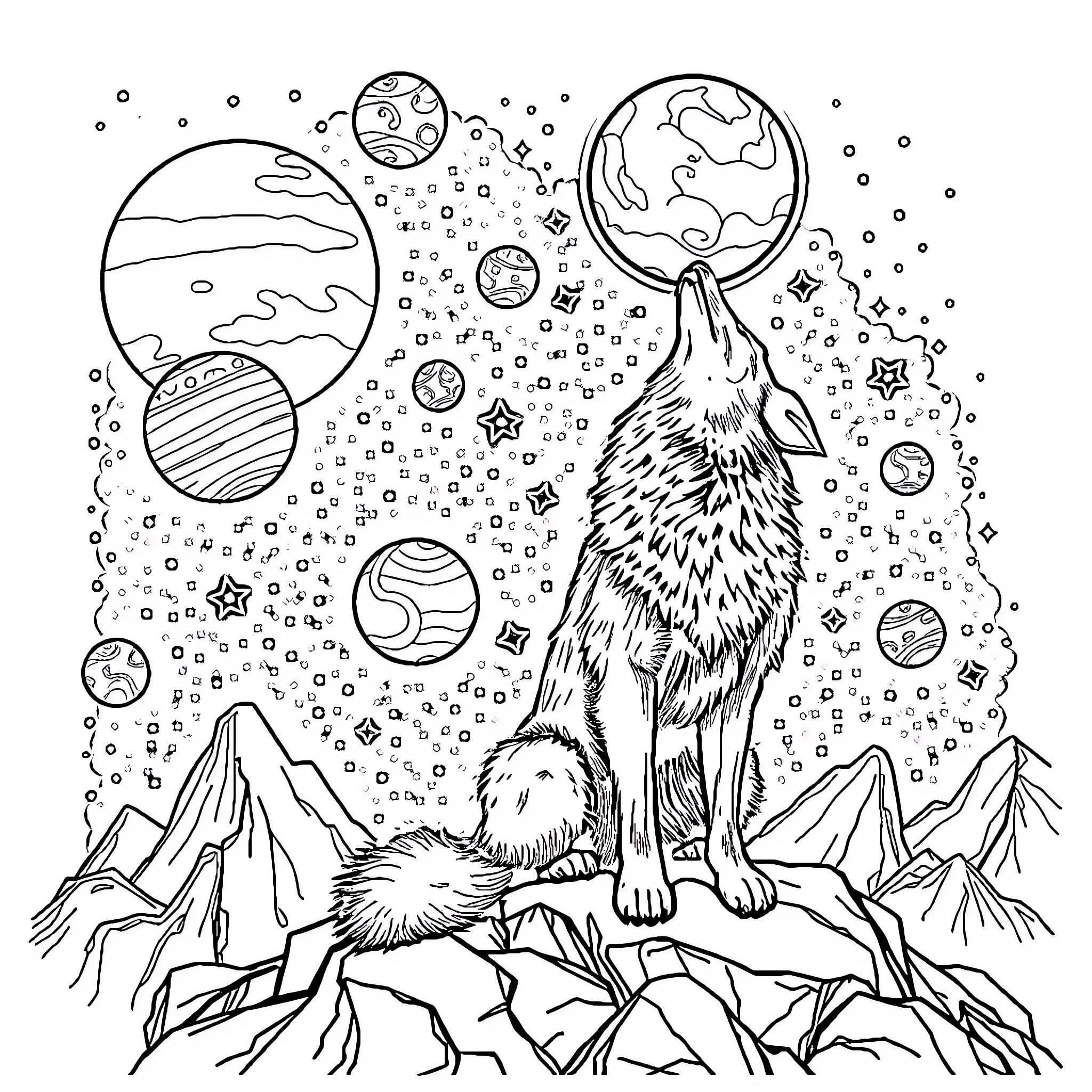 Planet Howling Wolf amidst Cosmic Wonders Coloring Page (free black-and-white line drawing printable PDF for all, from beginners to advanced learners, including children, teens, adults, and seniors)