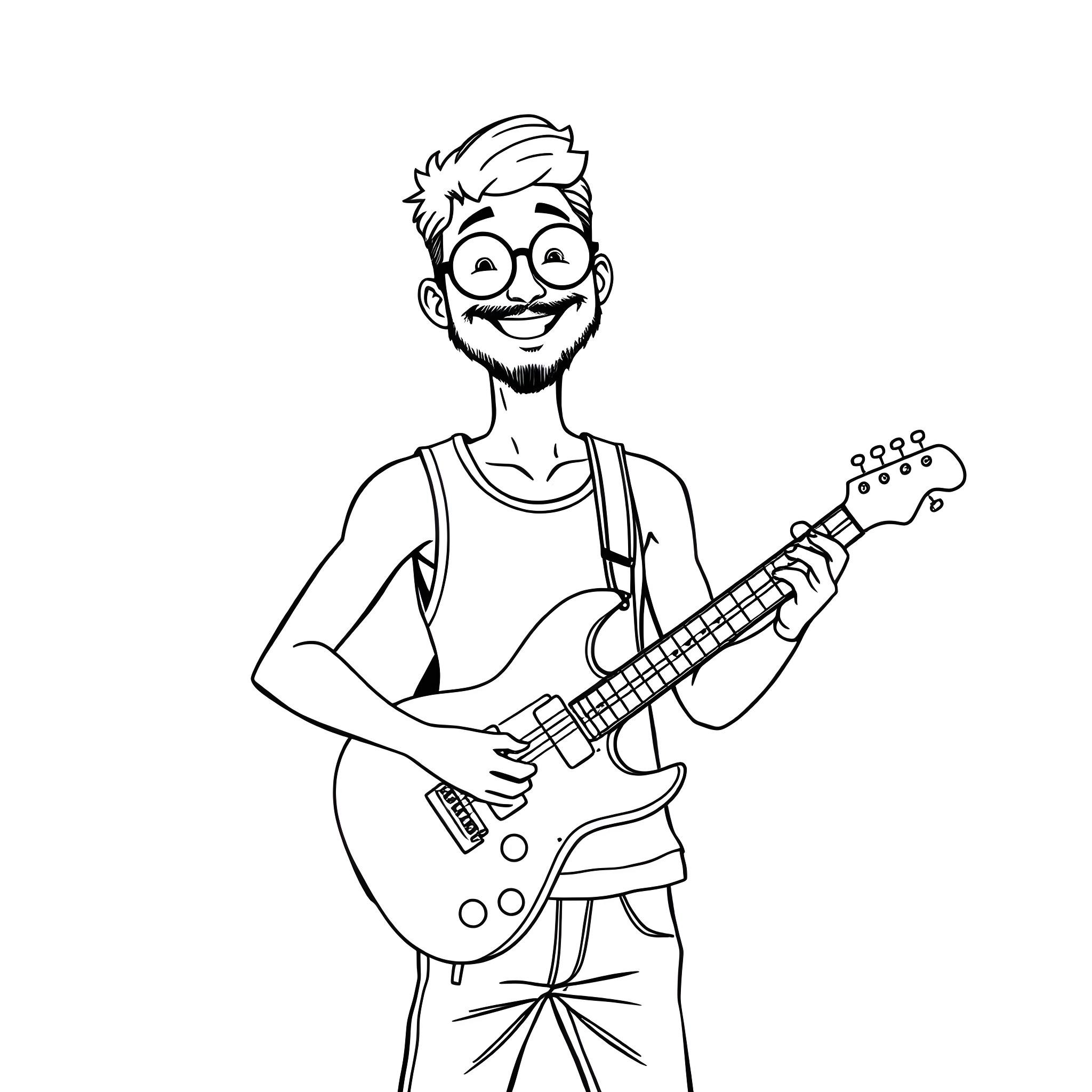Guy playing electric guitar enthusiastically Coloring Page (free black-and-white line drawing printable PDF for all, from beginners to advanced learners, including children, teens, adults, and seniors)