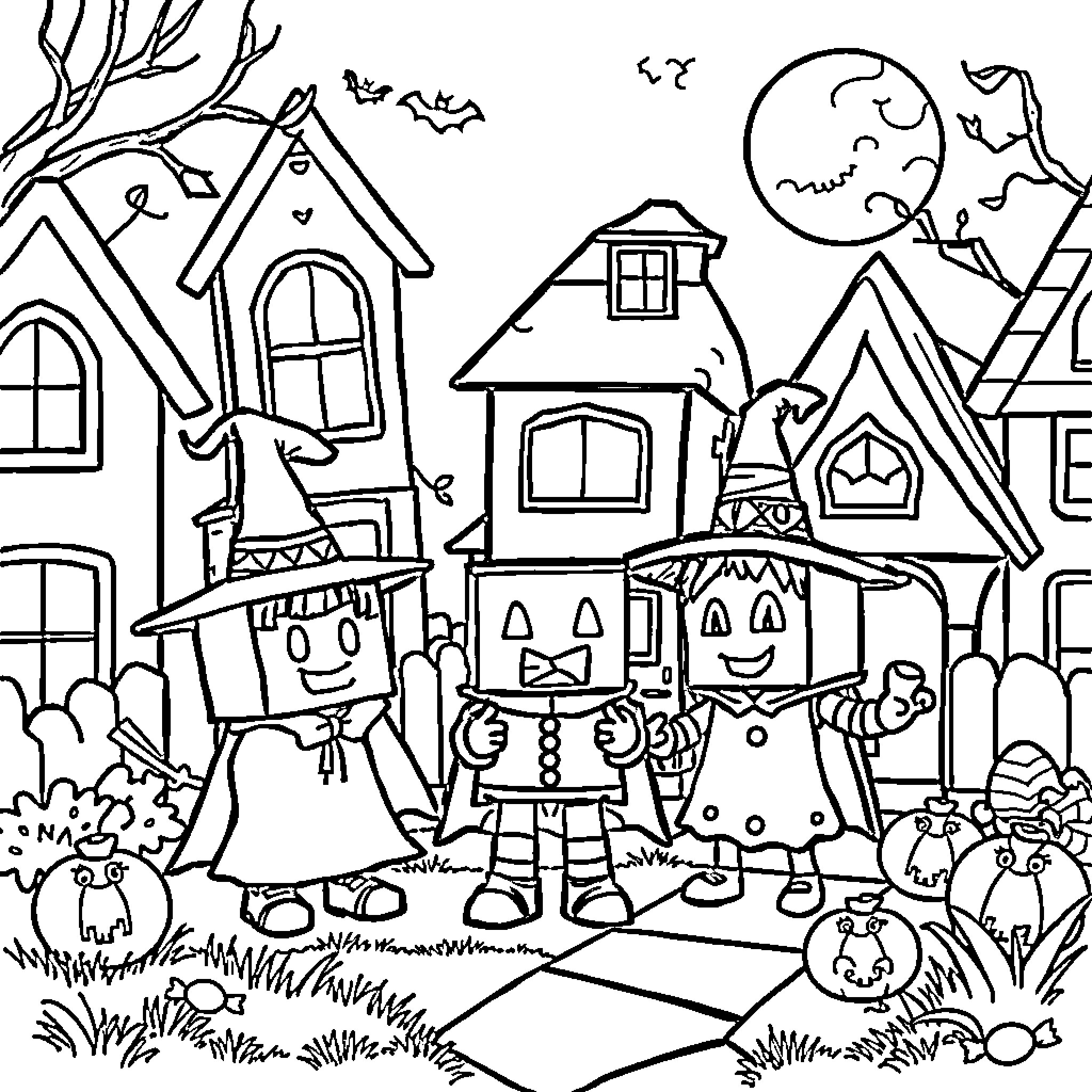 Numberblocks characters trick-or-treating in Halloween town Coloring Page (free black-and-white line drawing printable PDF for all, from beginners to advanced learners, including children, teens, adults, and seniors)