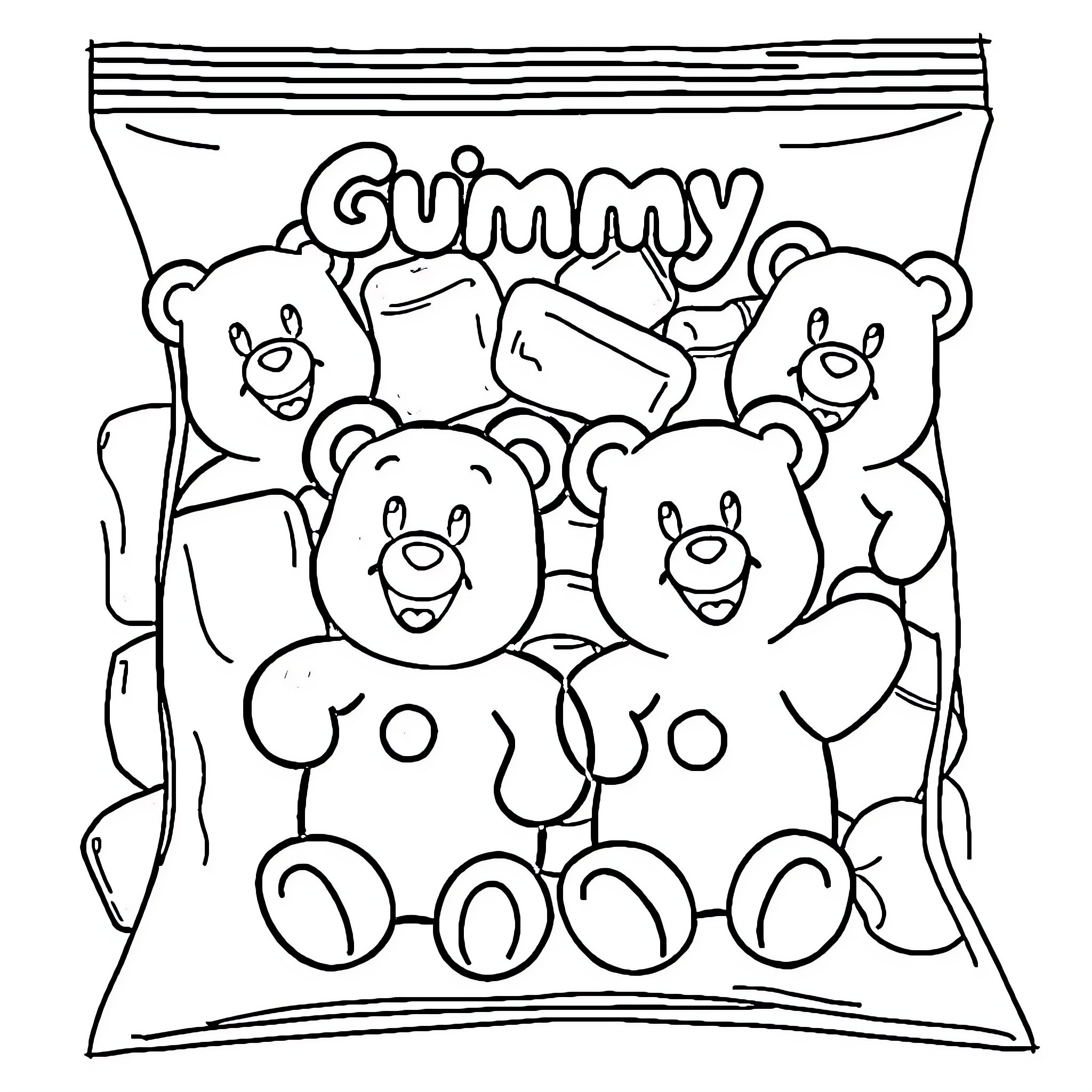 Gummy Bears Happily Gathered in a Bag Coloring Page (free black-and-white line drawing printable PDF for all, from beginners to advanced learners, including children, teens, adults, and seniors)