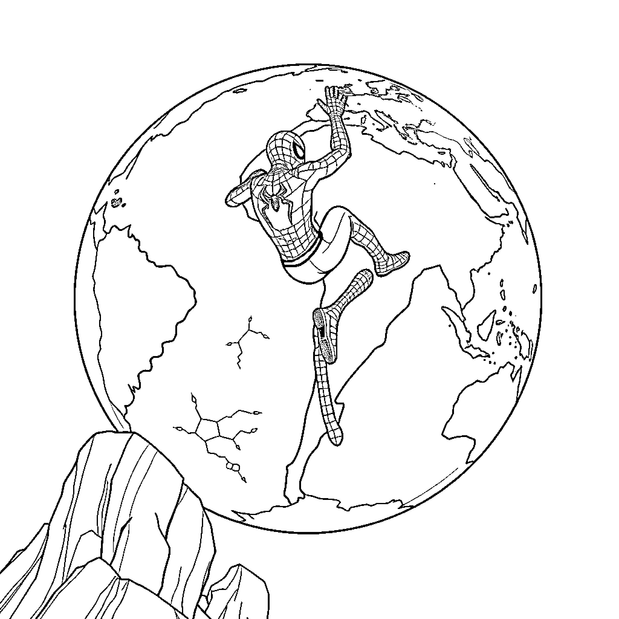 Spiderman swinging over the globe Coloring Page (free black-and-white line drawing printable PDF for all, from beginners to advanced learners, including children, teens, adults, and seniors)