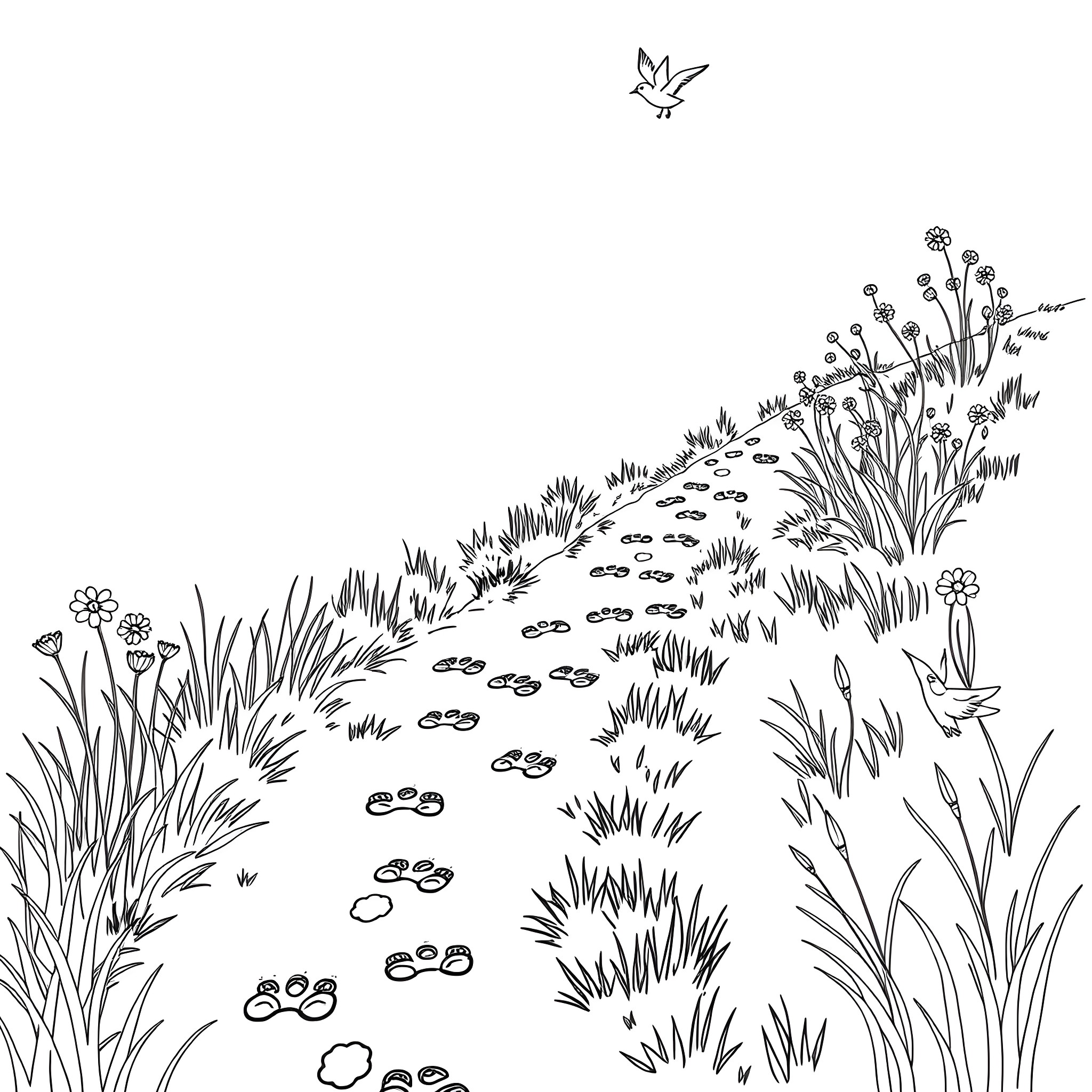 Animal Footprints in Flowering Meadow Coloring Page (free black-and-white line drawing printable PDF for all, from beginners to advanced learners, including children, teens, adults, and seniors)