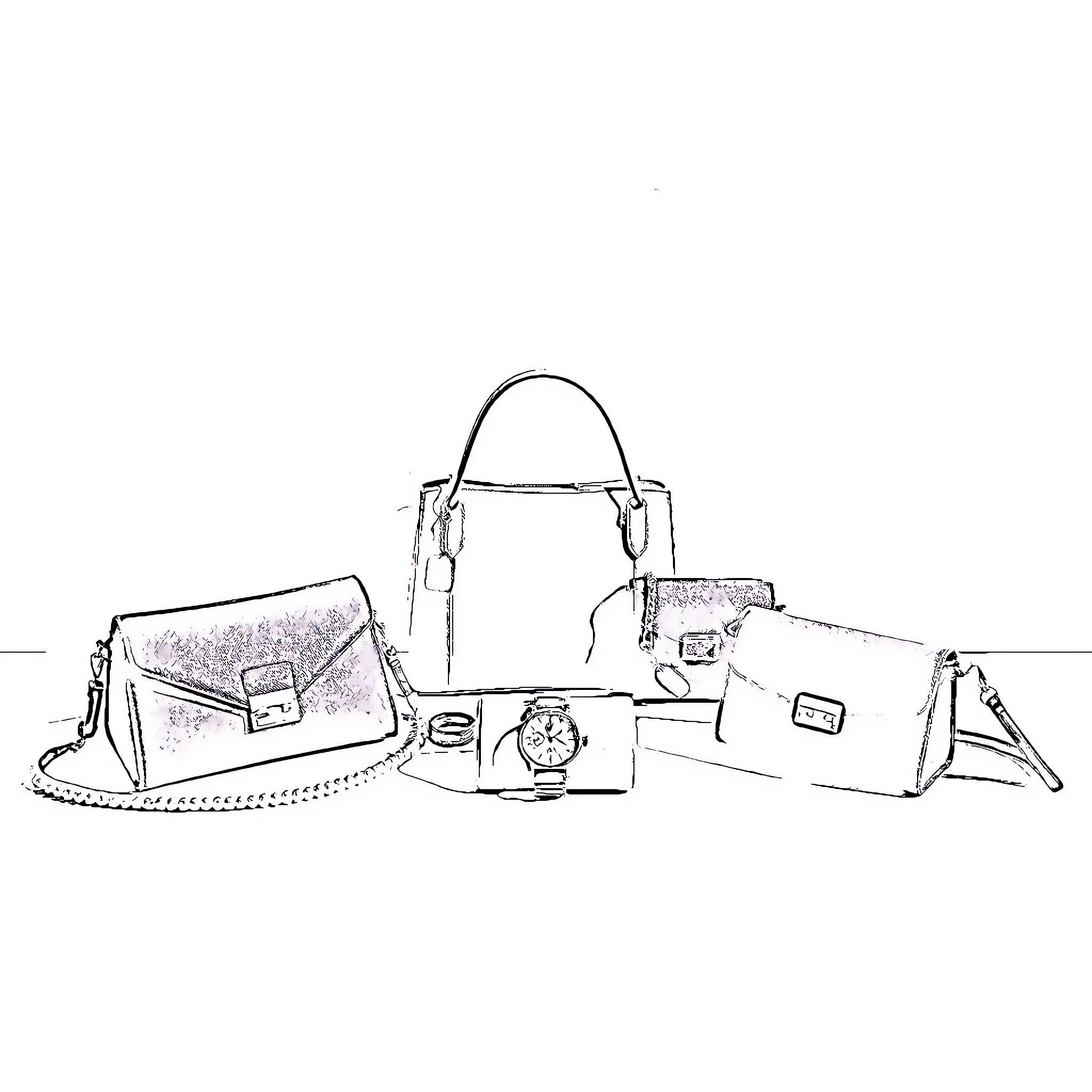 Bag collection with various accessories and styles Coloring Page (free black-and-white line drawing printable PDF for all, from beginners to advanced learners, including children, teens, adults, and seniors)