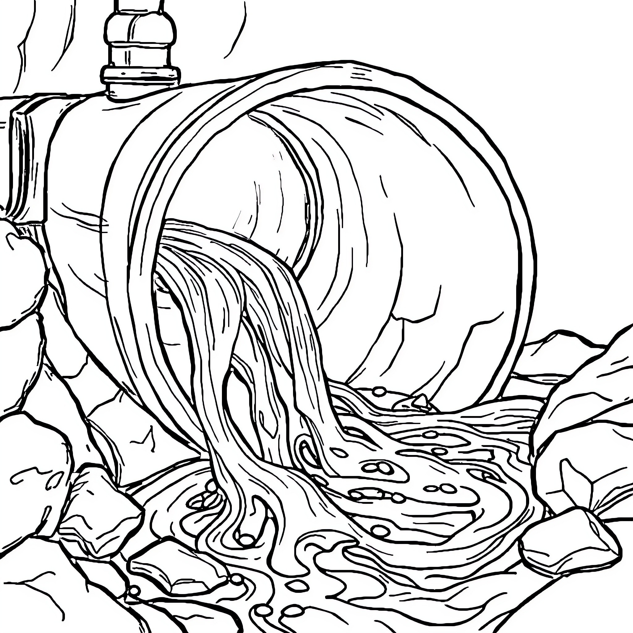 Wastewater flowing through cracked landscape Coloring Page (free black-and-white line drawing printable PDF for all, from beginners to advanced learners, including children, teens, adults, and seniors)