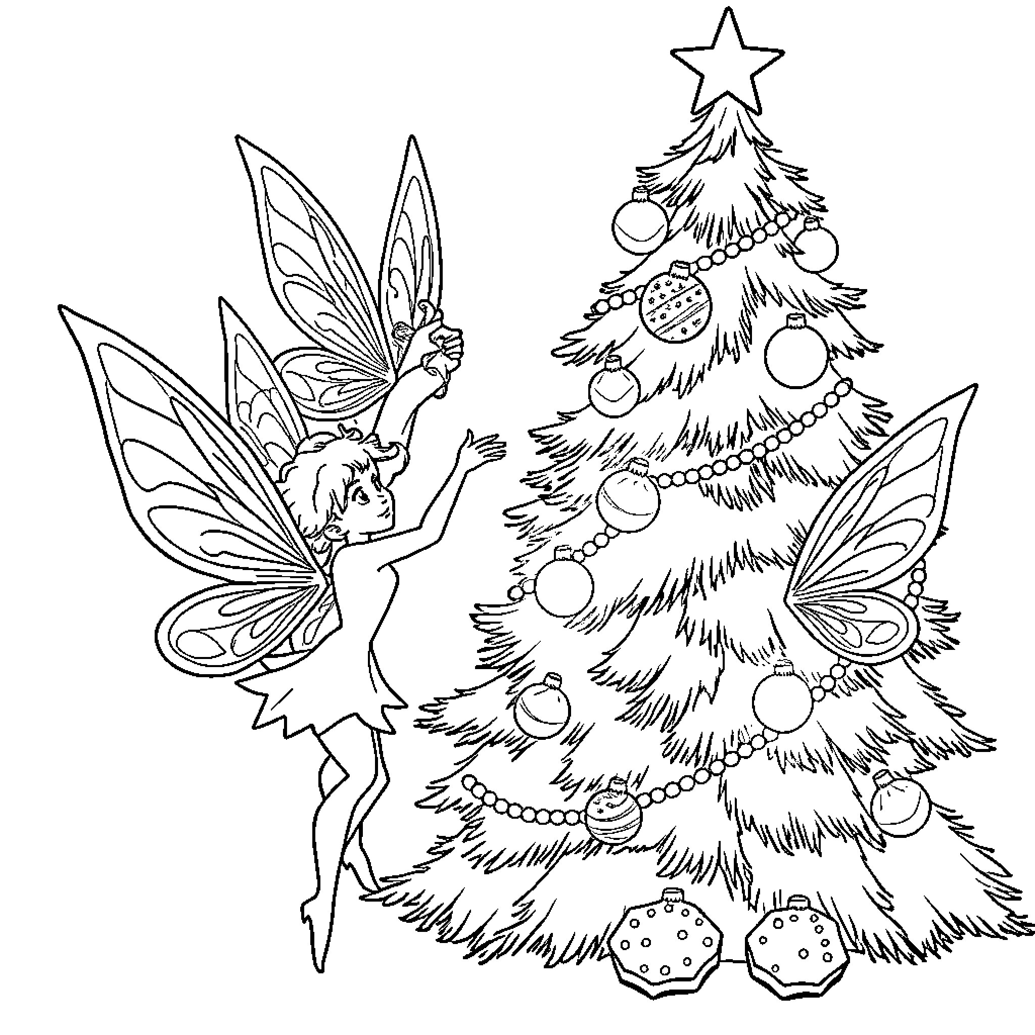 Fairy decorating a Christmas tree Coloring Page (free black-and-white line drawing printable PDF for all, from beginners to advanced learners, including children, teens, adults, and seniors)