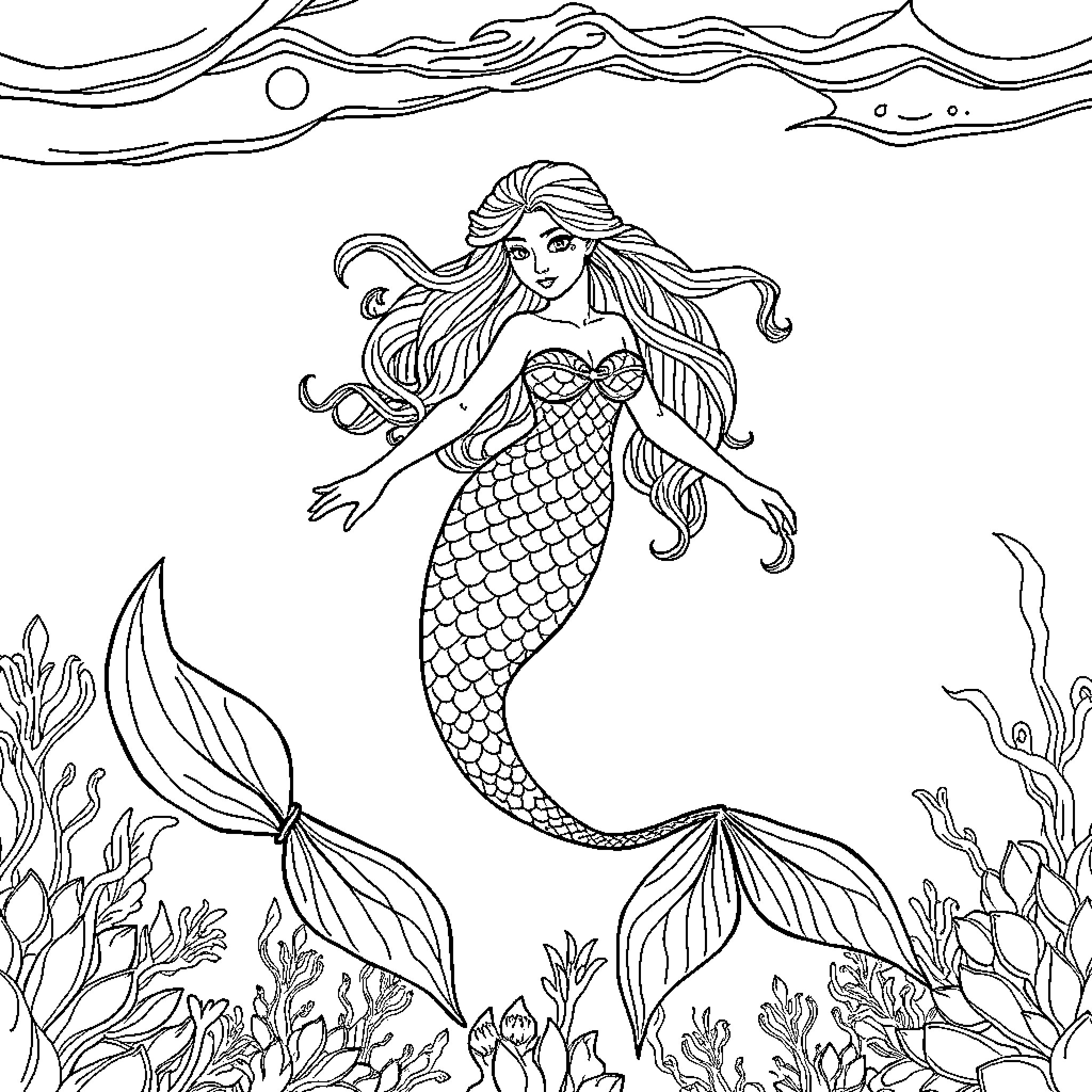 Mermaid swimming gracefully in the underwater seascape Coloring Page (free black-and-white line drawing printable PDF for all, from beginners to advanced learners, including children, teens, adults, and seniors)