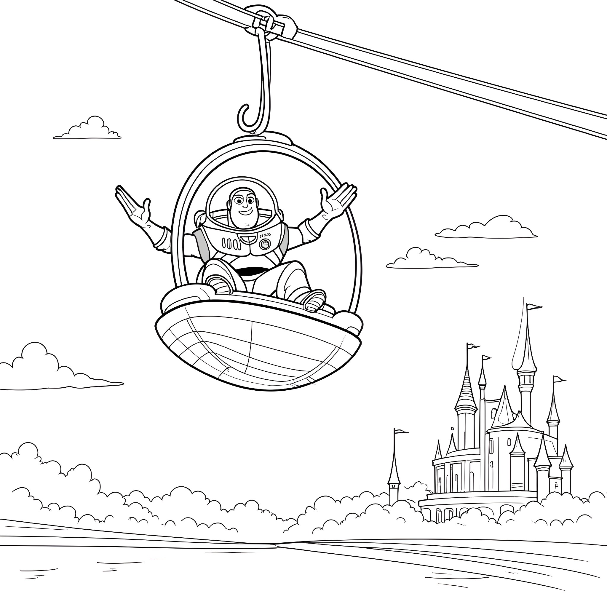 Buzz Lightyear soaring in his spaceship Coloring Page (free black-and-white line drawing printable PDF for all, from beginners to advanced learners, including children, teens, adults, and seniors)