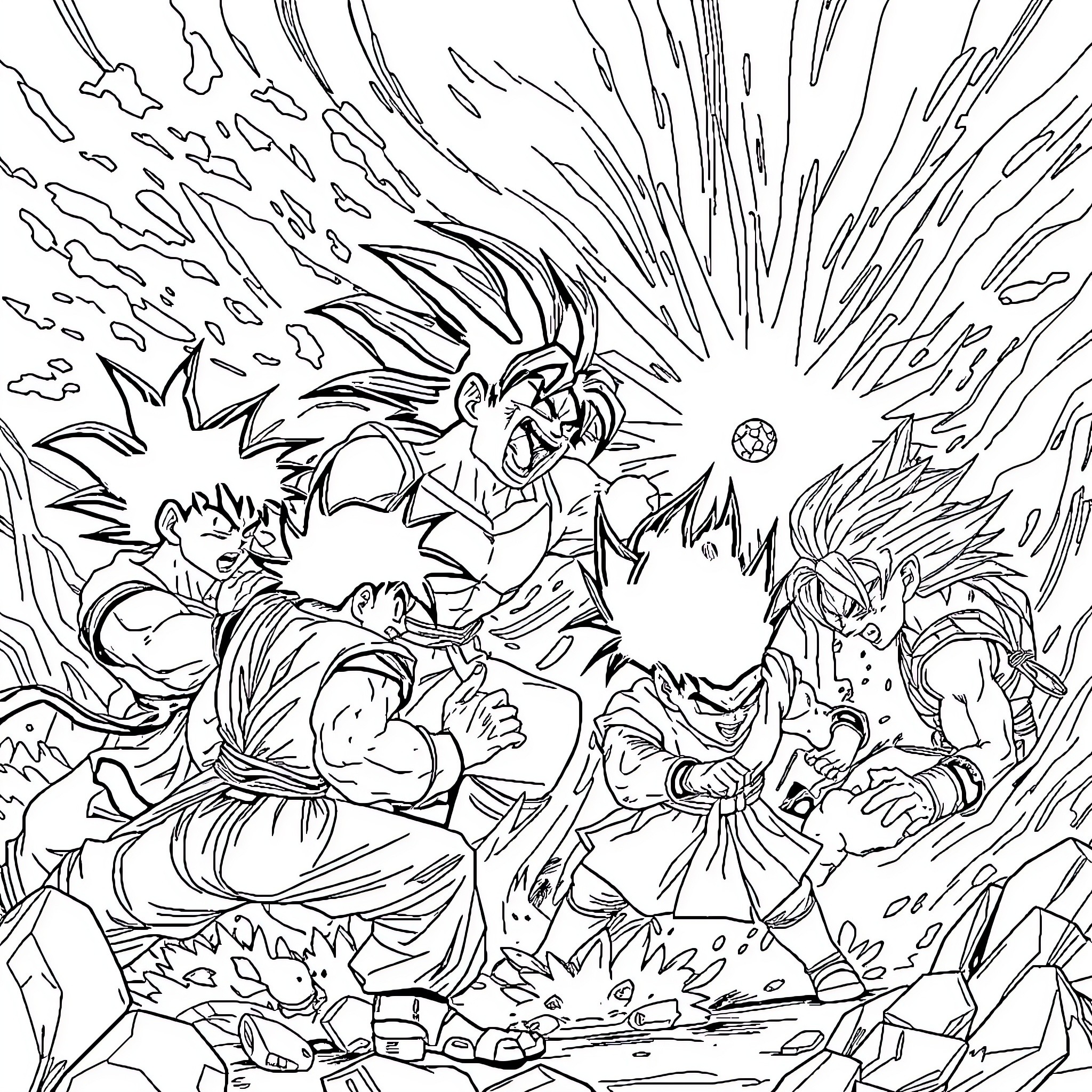 Dragon Ball: Intense Battle of Powerful Characters Coloring Page (free black-and-white line drawing printable PDF for all, from beginners to advanced learners, including children, teens, adults, and seniors)