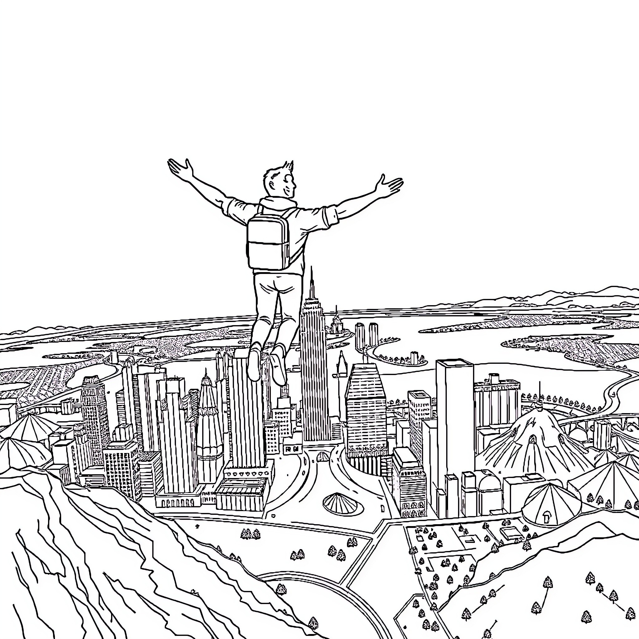 Person overlooking cityscape with arms outstretched Coloring Page (free black-and-white line drawing printable PDF for all, from beginners to advanced learners, including children, teens, adults, and seniors)