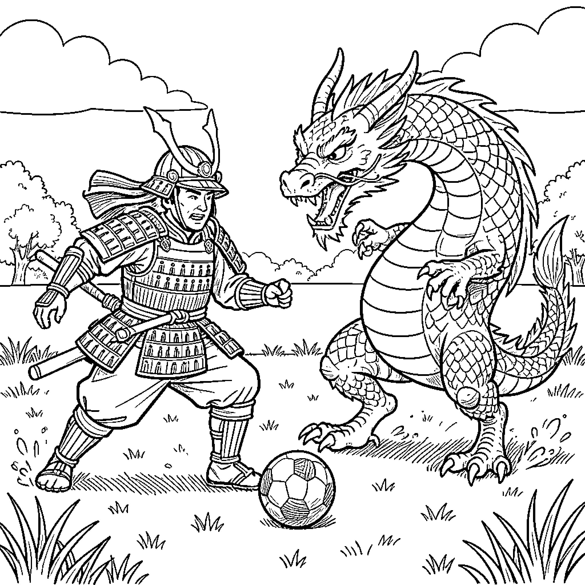 Samurai battling a fierce dragon in an outdoor scene Coloring Page (free black-and-white line drawing printable PDF for all, from beginners to advanced learners, including children, teens, adults, and seniors)