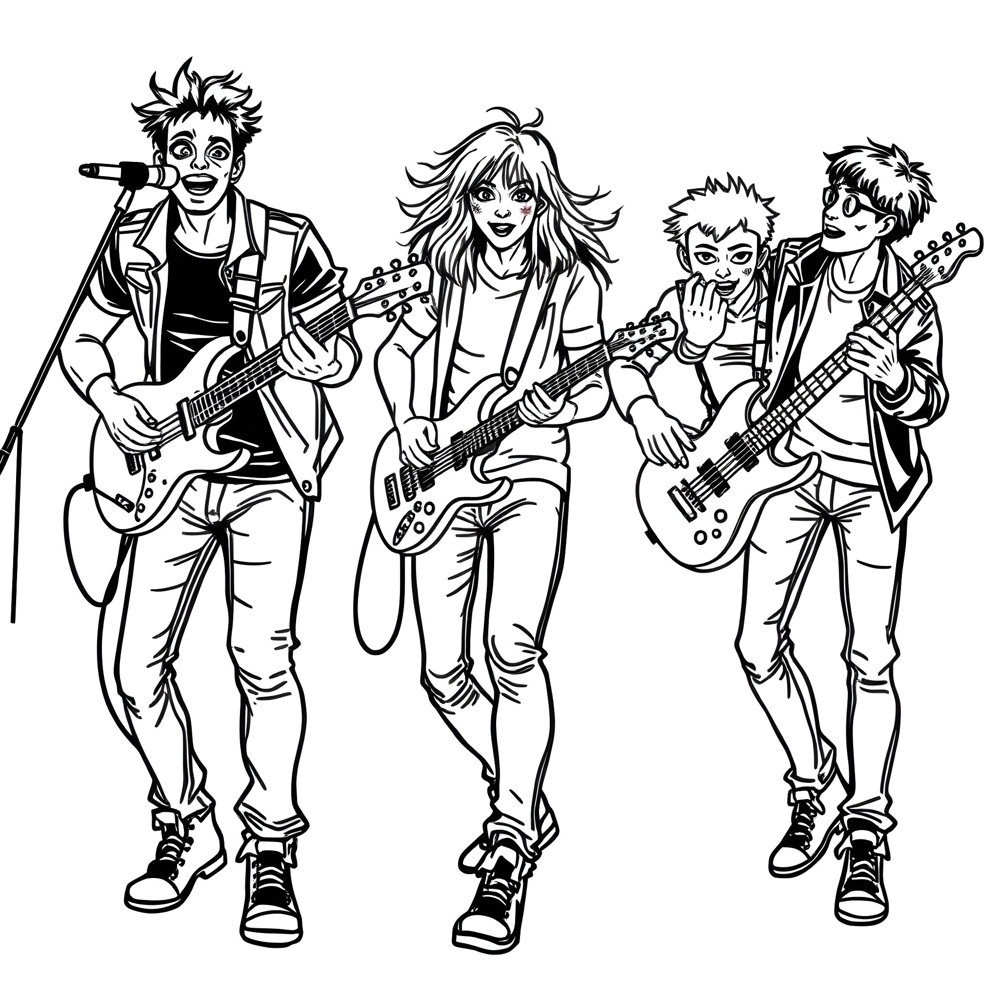 Band performing on stage with guitars and expressive poses Coloring Page (free black-and-white line drawing printable PDF for all, from beginners to advanced learners, including children, teens, adults, and seniors)