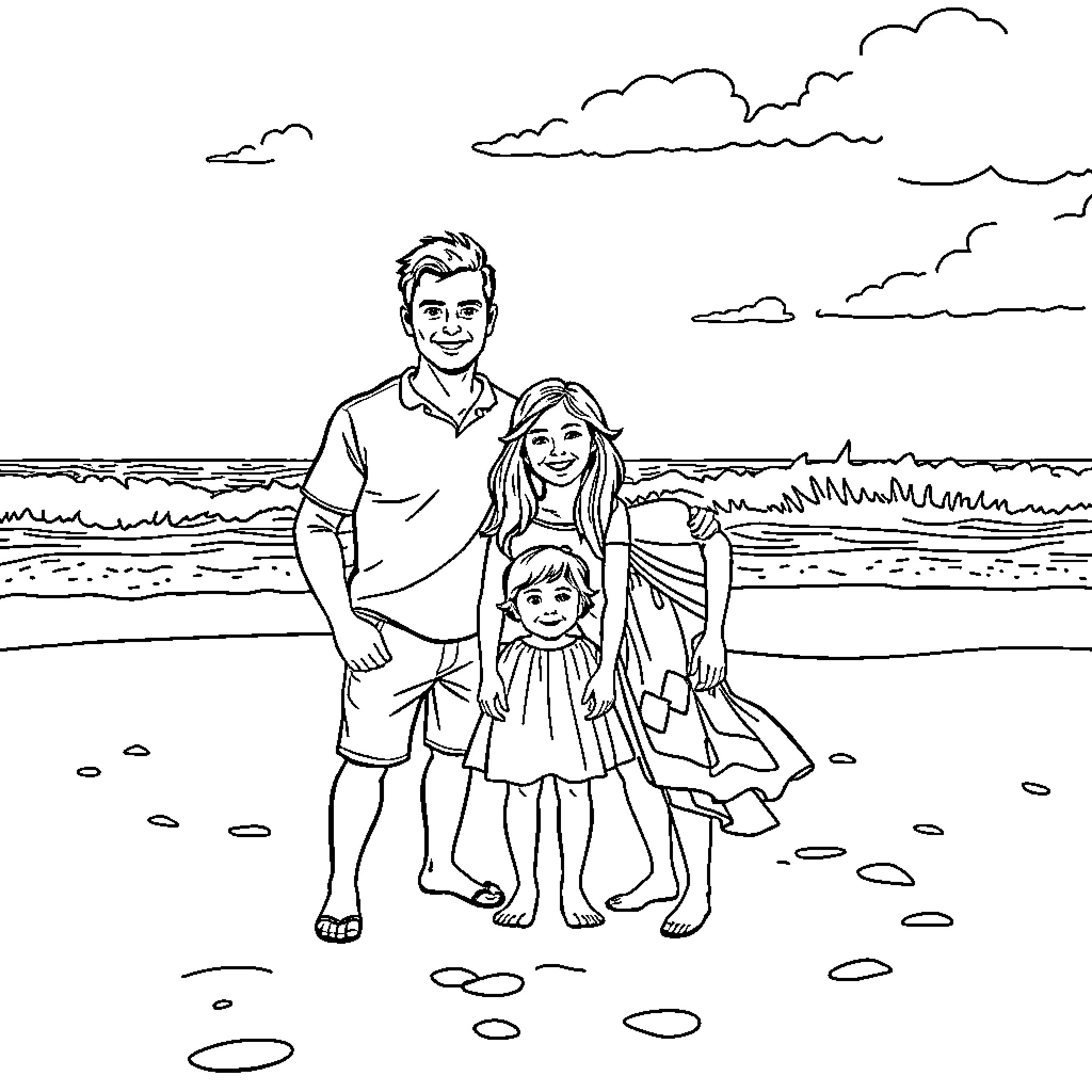 Family enjoying peaceful beach day Coloring Page (free black-and-white line drawing printable PDF for all, from beginners to advanced learners, including children, teens, adults, and seniors)