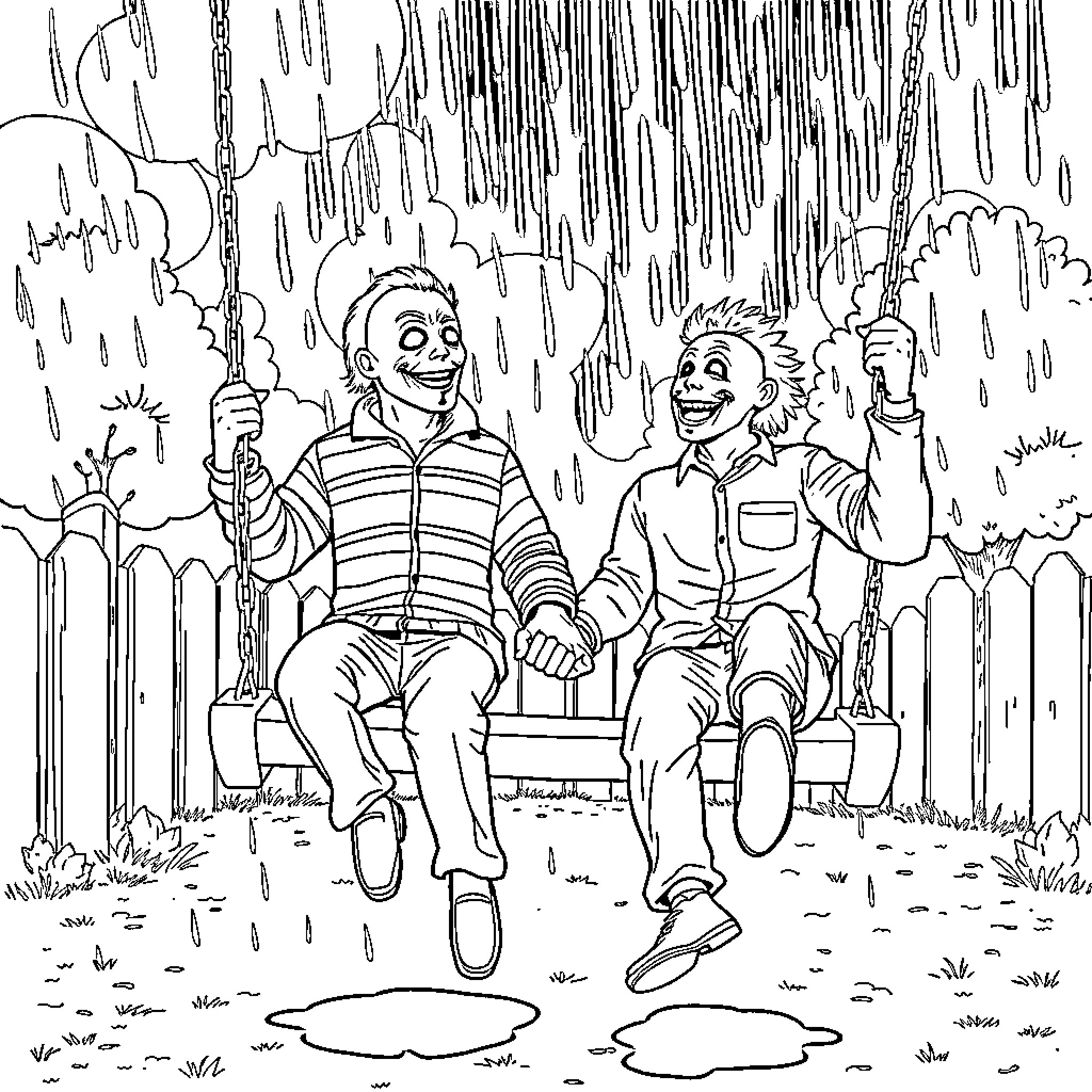 Freddy Kruger characters playing in the rain Coloring Page (free black-and-white line drawing printable PDF for all, from beginners to advanced learners, including children, teens, adults, and seniors)