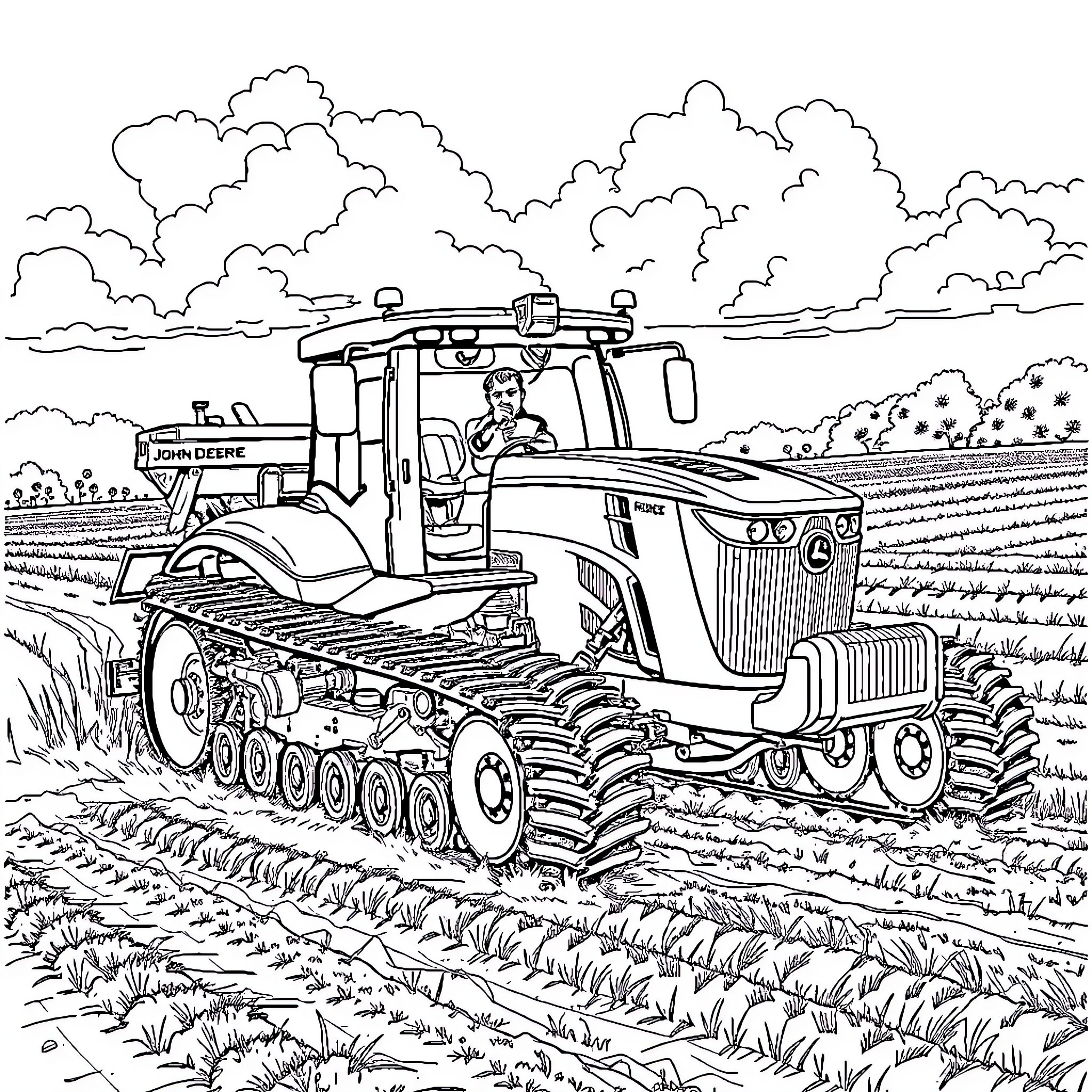 Tractor plowing through a lush field with cloudy skies Coloring Page (free black-and-white line drawing printable PDF for all, from beginners to advanced learners, including children, teens, adults, and seniors)