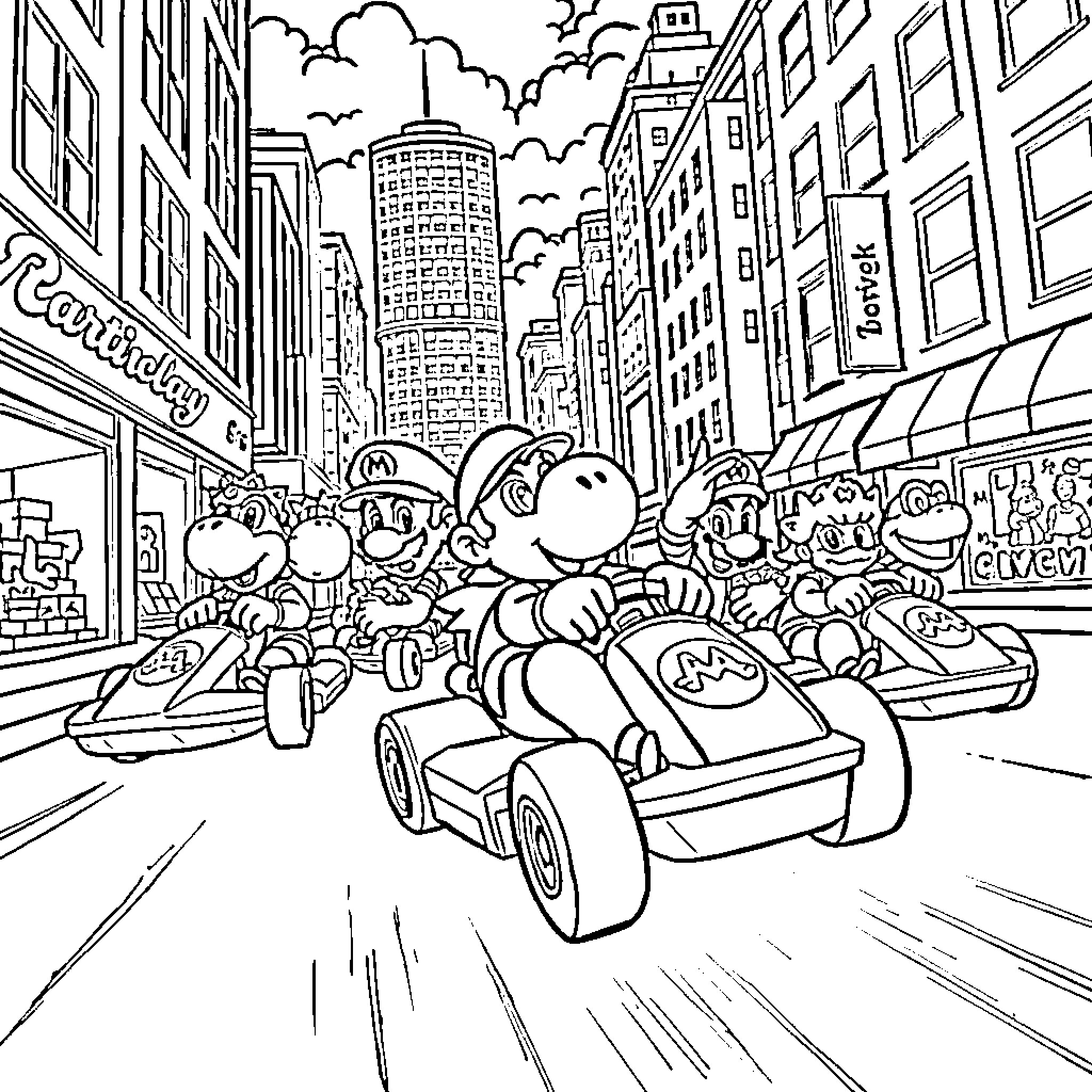 Mario's Exciting Street Race in the City Coloring Page (free black-and-white line drawing printable PDF for all, from beginners to advanced learners, including children, teens, adults, and seniors)
