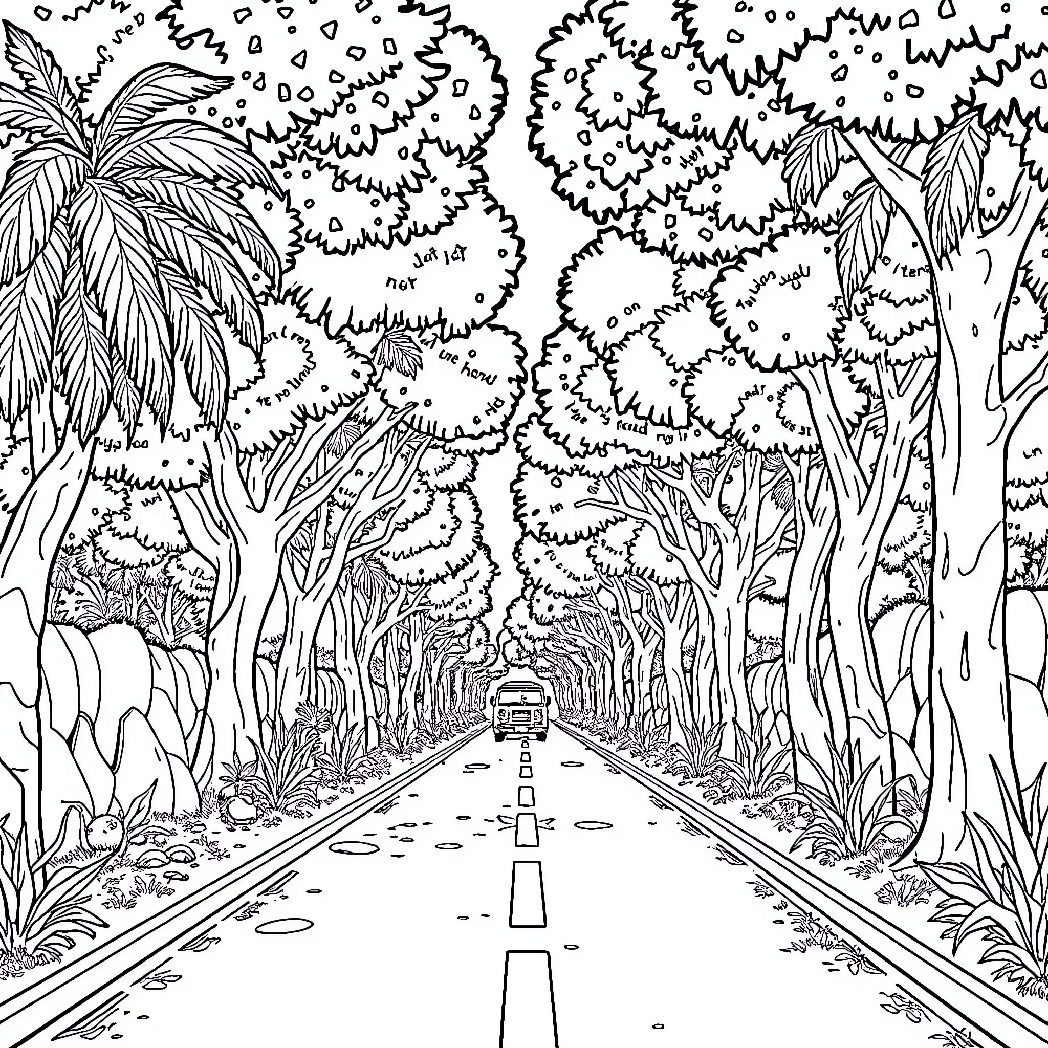 Retroescavadeira: Winding Road Through Lush Tropical Landscape Coloring Page (free black-and-white line drawing printable PDF for all, from beginners to advanced learners, including children, teens, adults, and seniors)