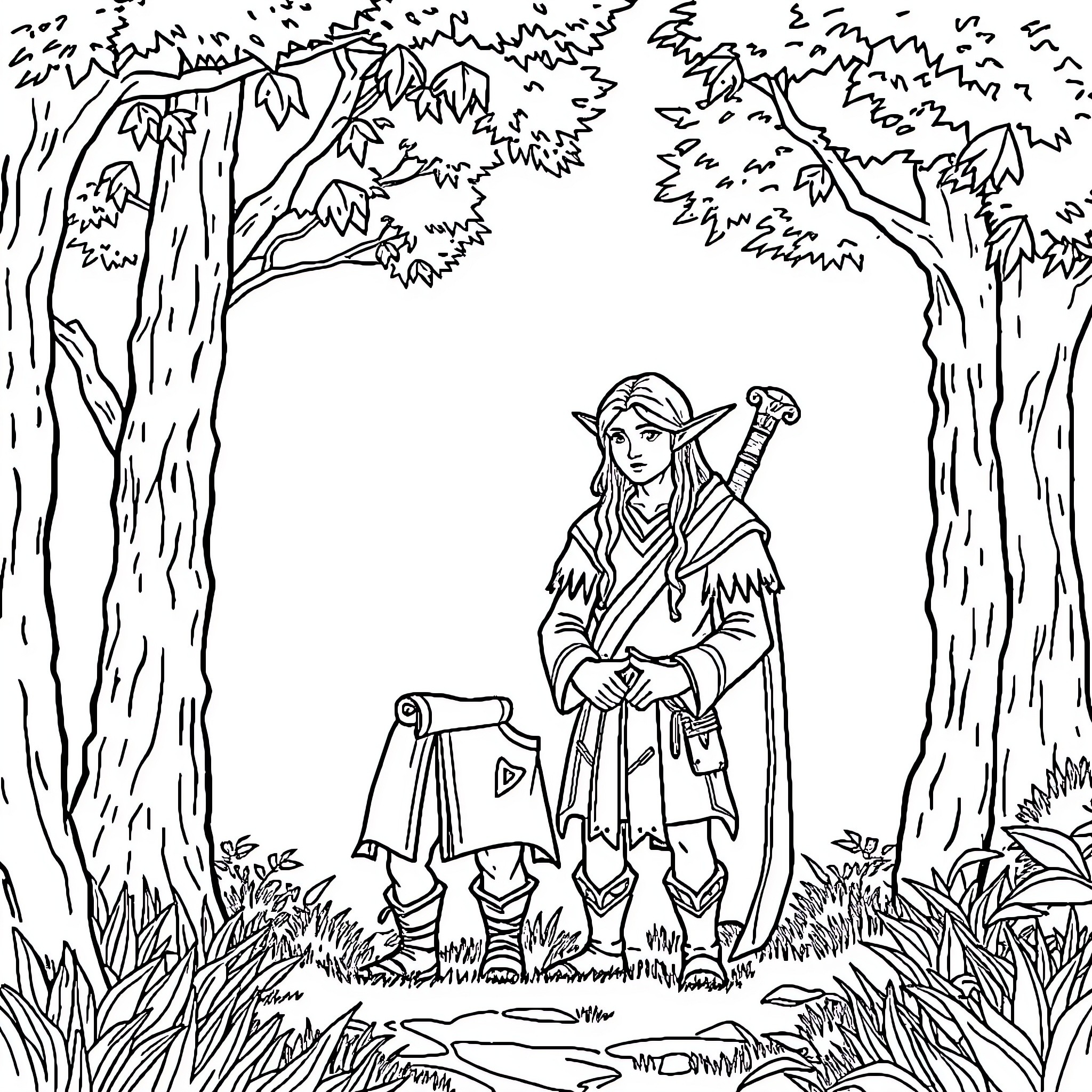 Hobbit exploring the enchanted forest Coloring Page (free black-and-white line drawing printable PDF for all, from beginners to advanced learners, including children, teens, adults, and seniors)